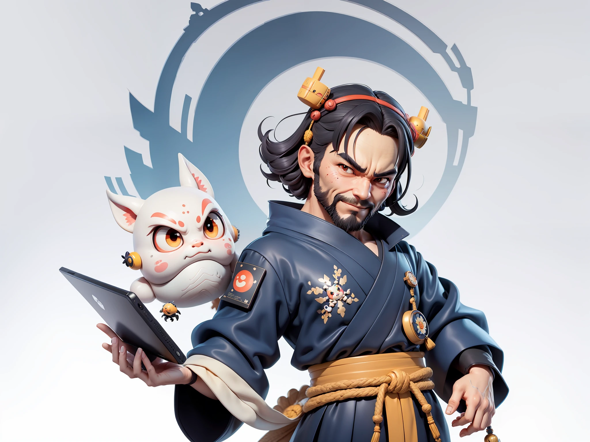 (Daisaku),(Need),(Super meticulous),(full bodyesbian:1.2),Japanese ukiyo-e girl,japanese geisha,Beautiful,Oriental dragon,Aeolian Thor,Raised sexy,爆乳,Oriental face,TV Anchor,Bust portrait illustration,Alone,In black suit,a blue tie,The face is slightly chubby,The face was clean,without a beard,Black super short hair,Black eyes,Smile confidently,3C computer sub-products,iPad, iphone,Digital painting,3D character design by Mark Clairen and Pixar and Hayao Miyazaki and Akira Toriyama,The illustration is a high-definition illustration in 4K resolution,With very detailed facial features and cartoon-style visuals。