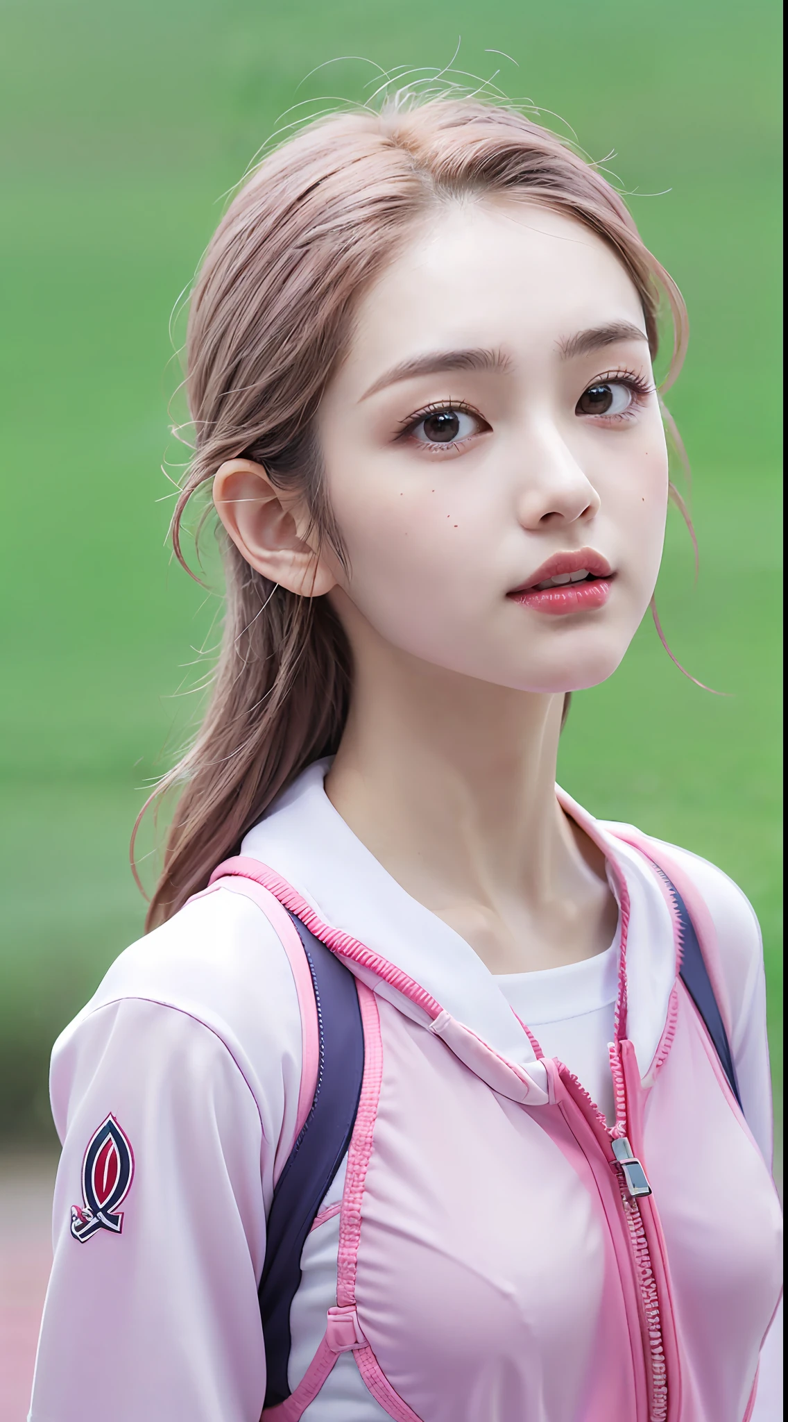{{{Masterpiece: 1.2, 64K High Resolution, nffsw, super definition, ultra-definition、A hyper-realistic: 1.2、ultra-definition、realistic: 1.15、Raw photo: 1.15, Best Quality: 1.23, face and body with no defects: 1.4, perfect beautiful body: 1.2, Perfect beautiful face: 1.3, Super realistic: 1.37, Professional Photographer: 1.2, Physically correct, Anatomically correct, biologically correct, Canon F/2.8 300mm Lens、5-Fingers, 2 arms, 2legs}}}, (1 beautiful girl), short pink hair, (((10th class, 18year old))), ((Very cute little face: 1.3, very cute japanese girl: 1.3, Very beautiful slit eyes: 1.18, Beautiful thin eyebrows, Perfect narrow very high beautiful nose: 1.15, Cute red lips, very beautiful white soft skin: 1.15, Perfect beautiful long fingers: 1.15, Beautiful long legs, Beautiful nails, Natural makeup)), ((White athletics uniform, Very small bloomers, knee high socks, sports shoes, Full body shot, subject across the screen, shot from front, track and field, Running, Looking away)), (((Very beautiful Japan face: 1.3)))
