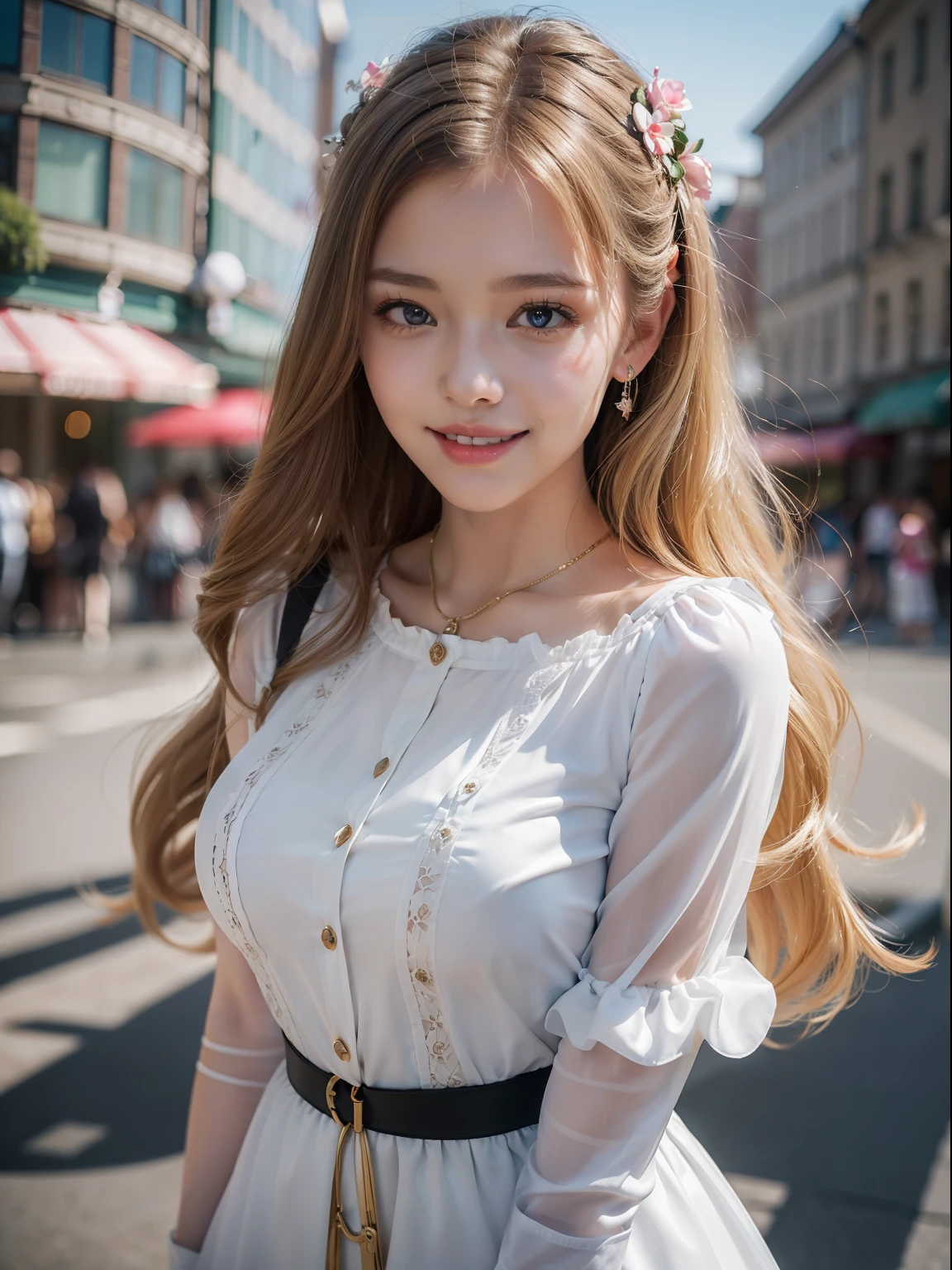 masuter piece, best qualtiy, (realisitic, Photorealsitic:1.37), ((独奏)), 8K image quality, Extremely delicate and beautiful, splendid, Official art with attention to detail, Ridiculous, Unbelievably ridiculous, huge filesize, ultra-detailliert, ighly detailed, (Cute s), (detailed girl), extremely detailed eye and face, Beautiful detailed eyes, Light makeup, (Slender and perfect female figure), Slim waist, (Nordic beauty), Blonde hair, ((Twin-tailed)),((fullllbody)), ((Put the head in the frame)), ((Cute clothes, random)), An amusement park, ((Open your mouth, squint your eyes and smile)),