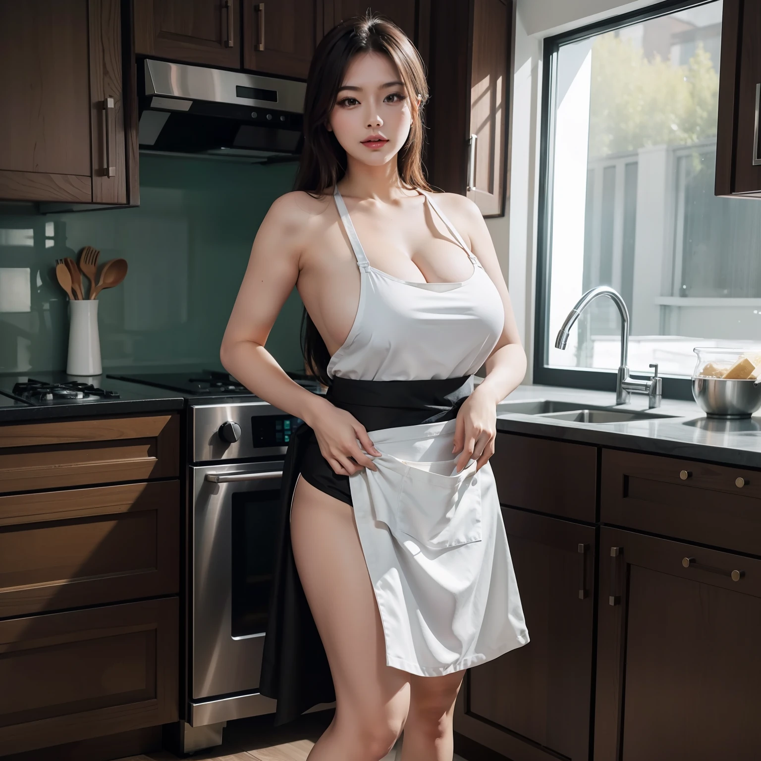 Apron, sexy, big boobs, in kitchen, 8k resolution, full body .
