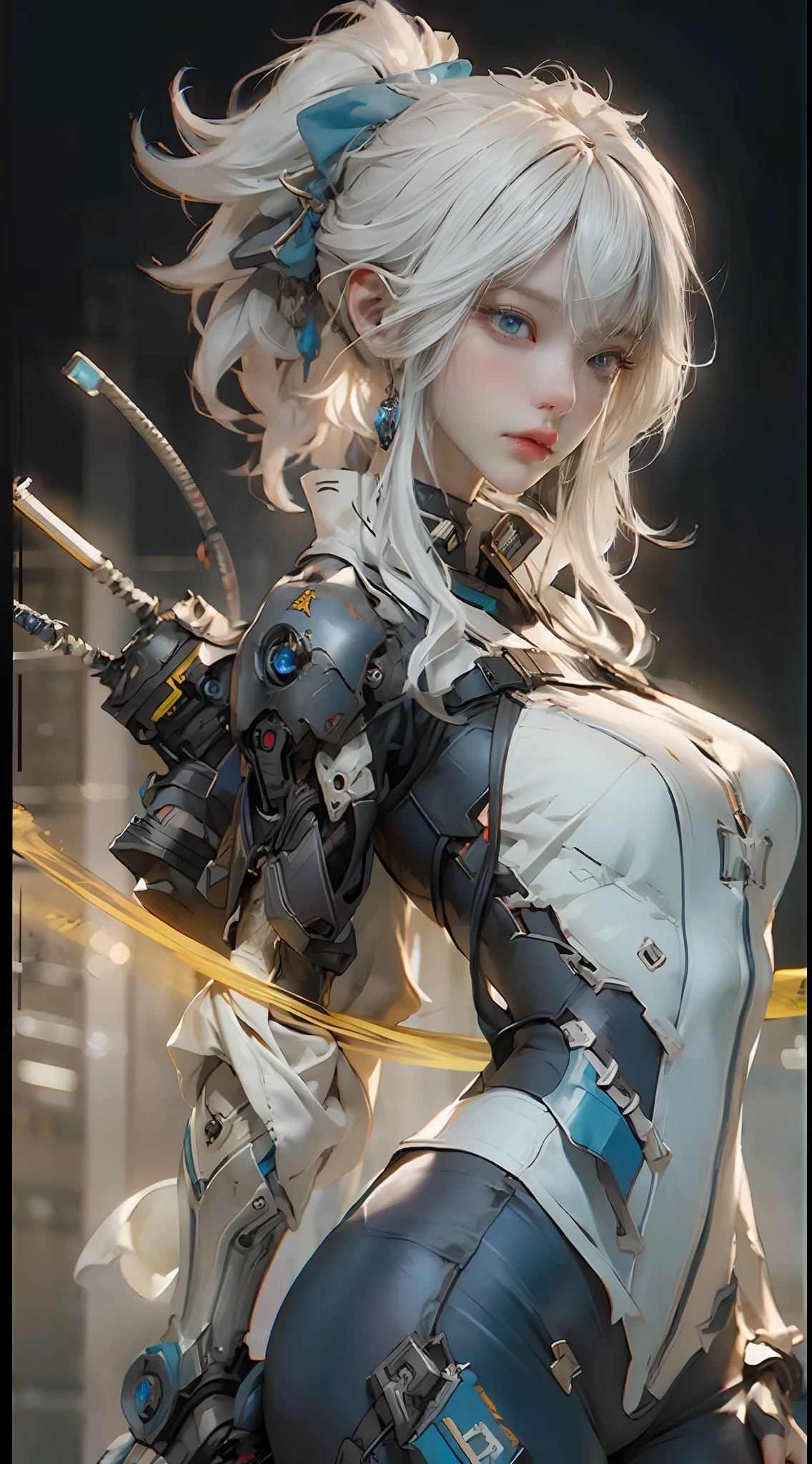 ((best qualtiy)), ((tmasterpiece)), (the detail:1.4), 3D, A beautiful cyberpunk female image,hdr(HighDynamicRange),Ray traching,NVIDIA RTX,Hyper-Resolution,Unreal 5,Subsurface scattering、PBR Texture、post-proces、Anisotropy Filtering、depth of fields、maximum definition and sharpness、Many-Layer Textures、Albedo e mapas Speculares、Surface coloring、Accurate simulation of light-material interactions、perfectly proportions、rendering by octane、Two-colored light、largeaperture、Low ISO、White balance、the rule of thirds、8K raw data,Black military uniform,White and blue gradient hair,Golden pain,Glowing eyes