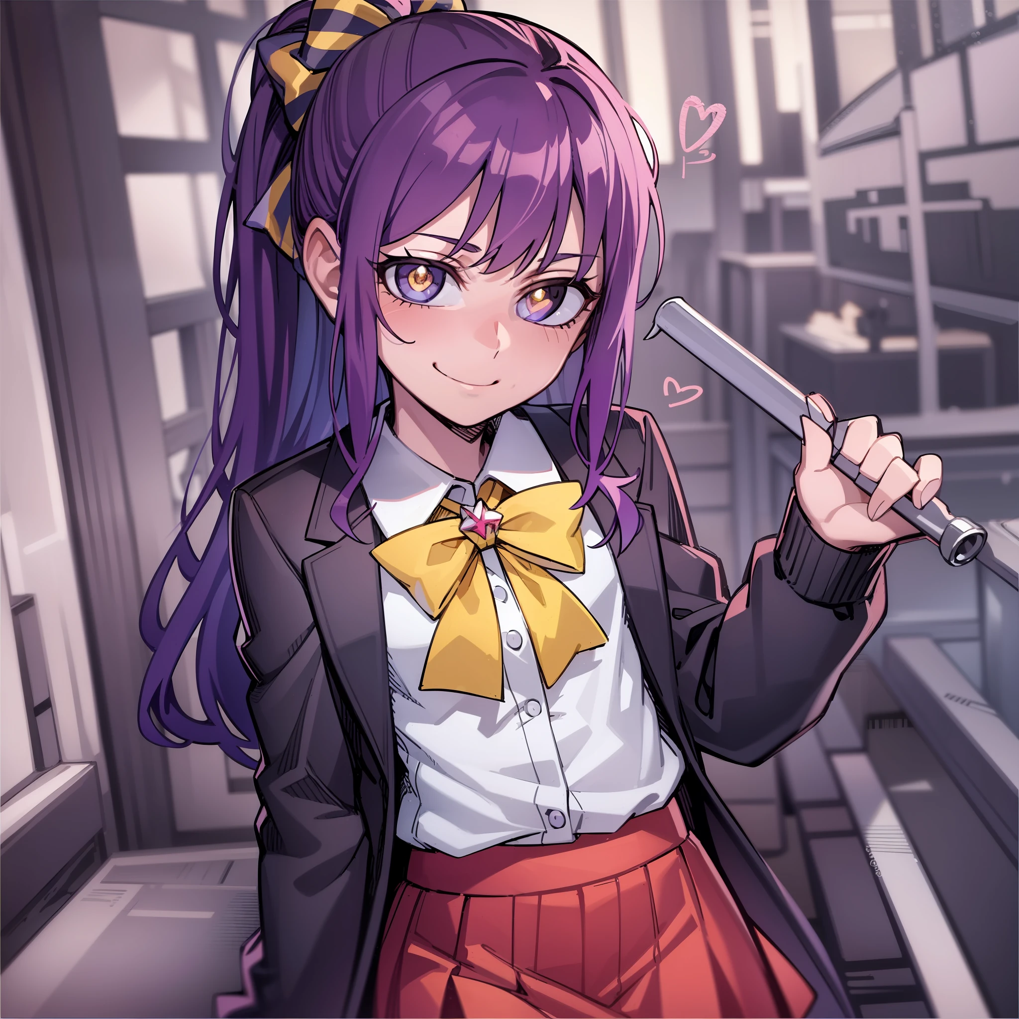 ( body:1.3), loli,ooking at viewer, long purple hair, yellow pupils, (masterpiece, best quality:1.2), (solo), (1girl), best quality, (photorealistic:1.4),ultra detailed, solo, (full body:1.5), standing, love in eyes, double ponytail, blushing, cute, smile, purple school uniform, bow tie red, yellow bow hairpin, long sleeves, miniskirt