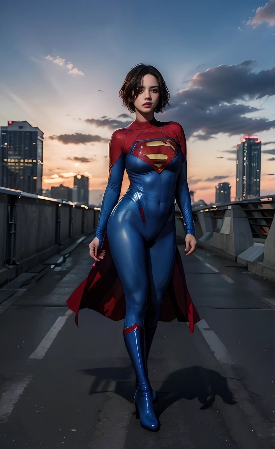 1girl, (twilight), short hair, 
(looking at viewer,( lip biting )), supergirl, cityscape, (flying),blue sky,cloud,parted lips,blue tights and boots,
intricate details,highly detailed,shiny hair,shiny skin,8k resolution,( full body)