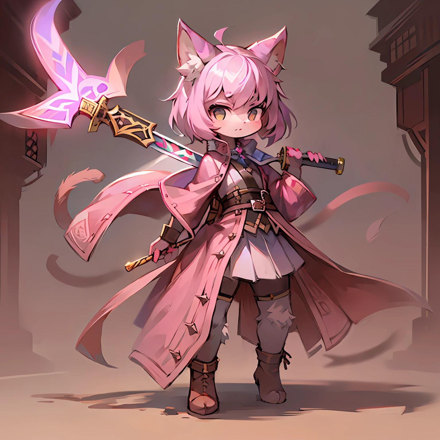 Pink cat loli，solo person，Armed with a short sword，Shadow Doppelganger