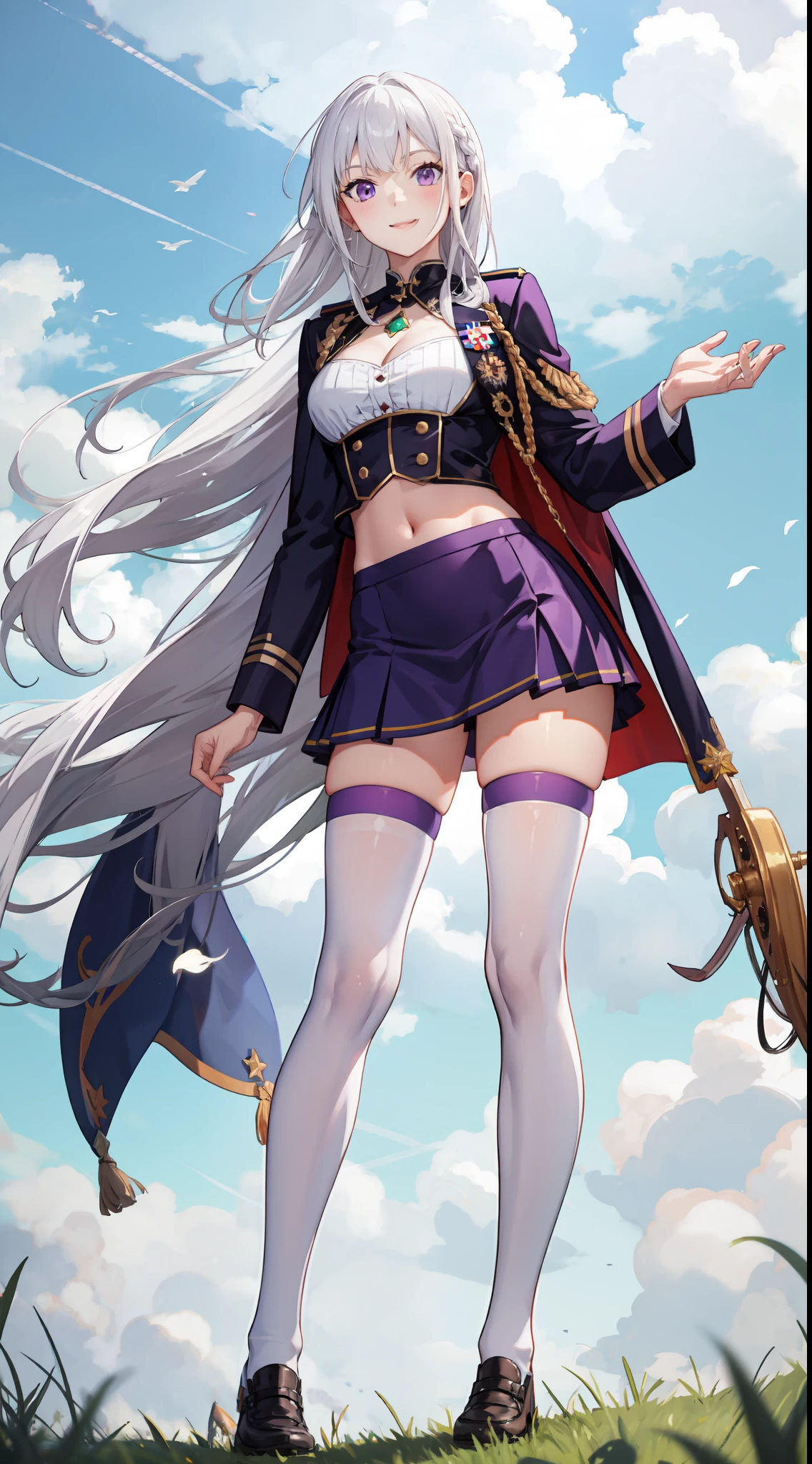 slim legs, cleavage, short skirt, navel, purple eyes, thigh high socks, stand, White hair, long hair, short skirt, happy, military uniform, field