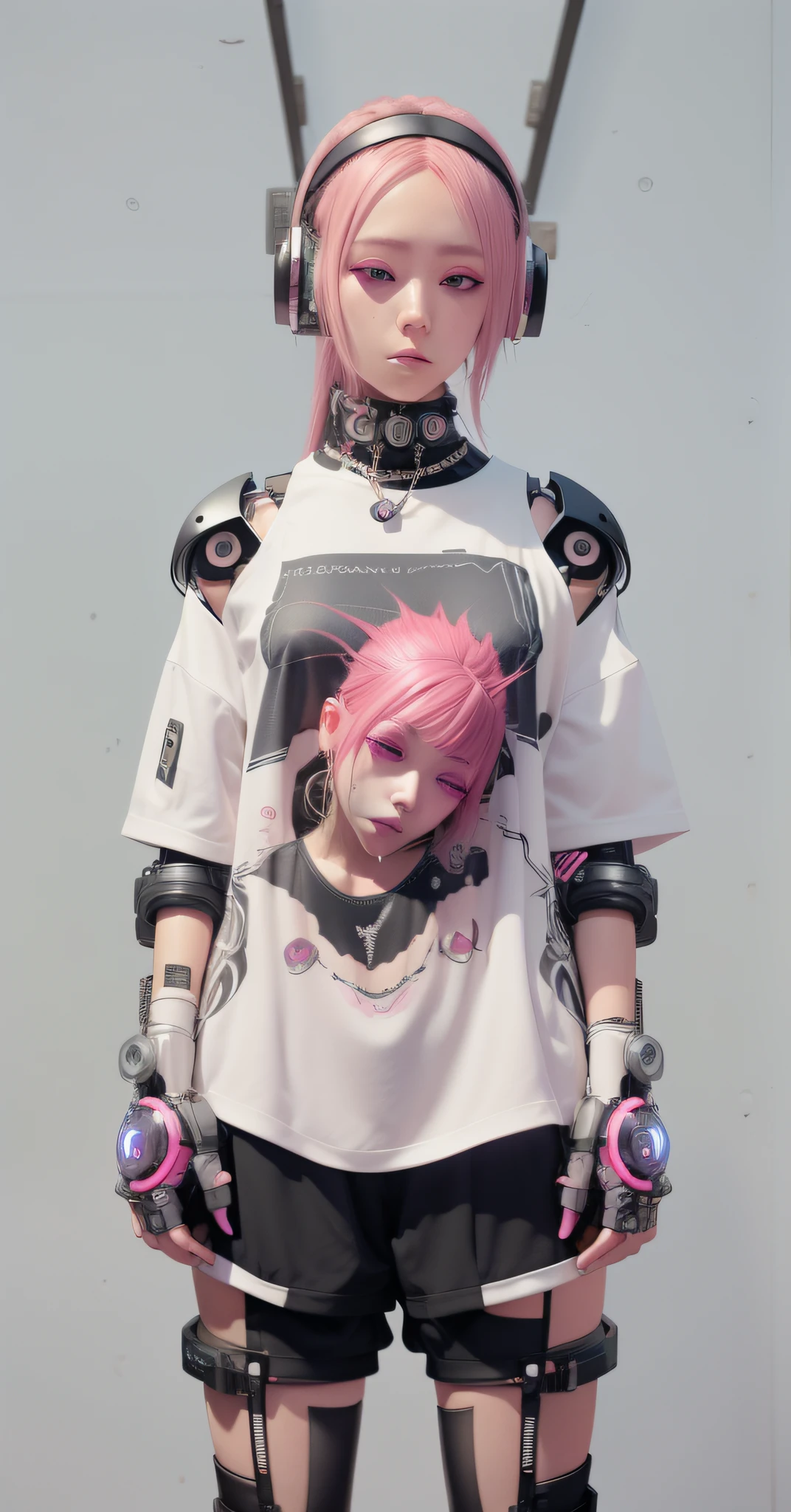 anime girl with pink hair wearing a white shirt and black shorts, cyberpunk streetwear, wearing cyberpunk streetwear, fashionable cyberpunk mechanoid, cyberpunk anime girl mech, cyberpunk anime girl, cyberpunk clothes, female cyberpunk anime girl, anime robotic mixed with organic, cyberpunk fashion, cyberpunk wearing, guweiz, aesthetic cyberpunk, muted cyberpunk style, robot girl, cyberpunk fashion clothing