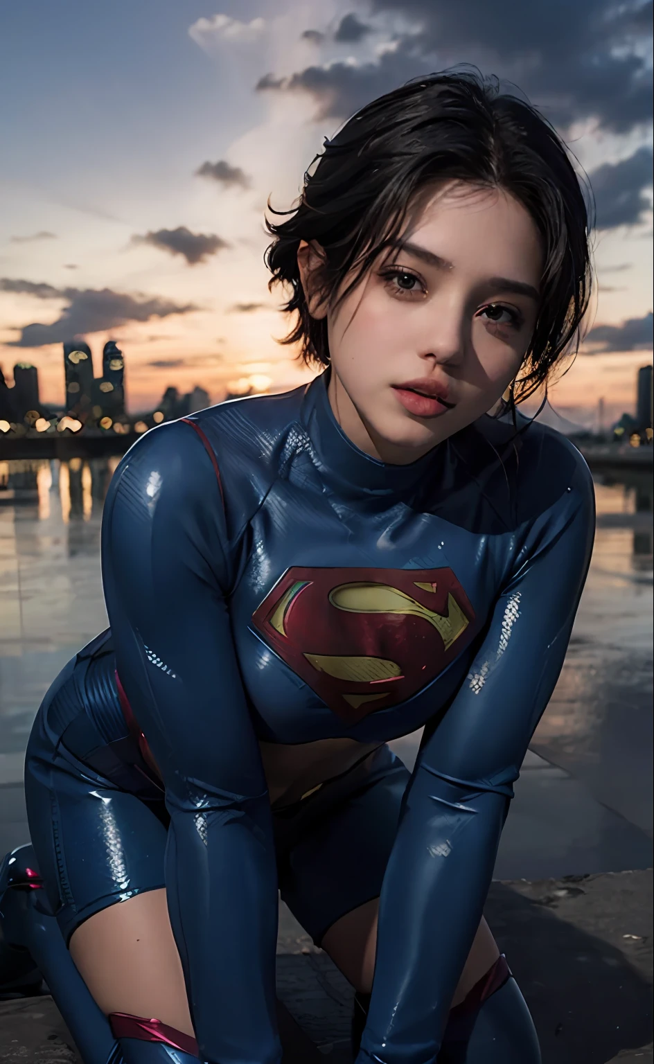 1girl, (twilight), short hair, 
(looking at viewer,( lip biting )), supergirl, cityscape, (flying),blue sky,cloud,parted lips,blue tights and boots,
intricate details,highly detailed,shiny hair,shiny skin,8k resolution,( full body)