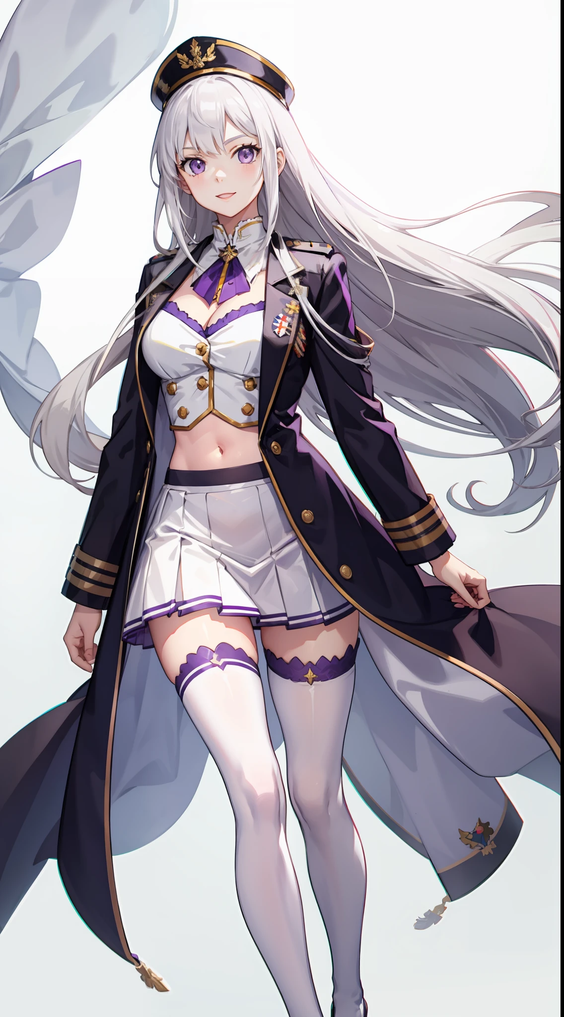 slim legs, cleavage, short skirt, navel, purple eyes, thigh high socks, stand, White hair, long hair, short skirt, happy, military uniform, field