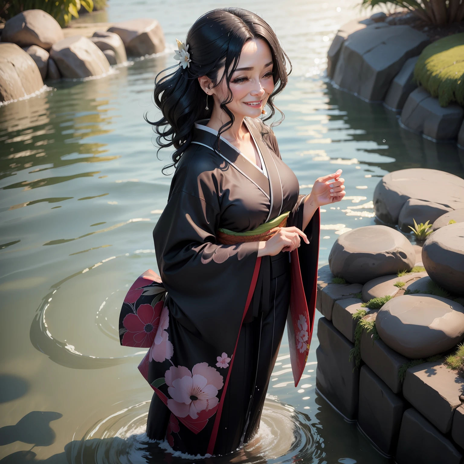 Kimono cabelos preto e longos Hair flutters standing by the water Splashing smil Mature face