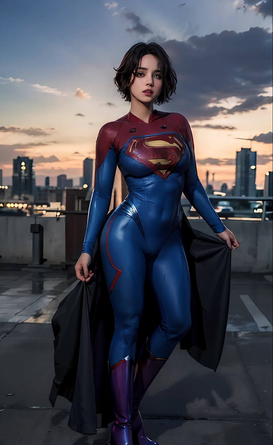 1girl, (twilight), short hair, 
(looking at viewer,( lip biting )), supergirl, cityscape, (flying),blue sky,cloud,parted lips,blue tights and boots,
intricate details,highly detailed,shiny hair,shiny skin,8k resolution,( full body)