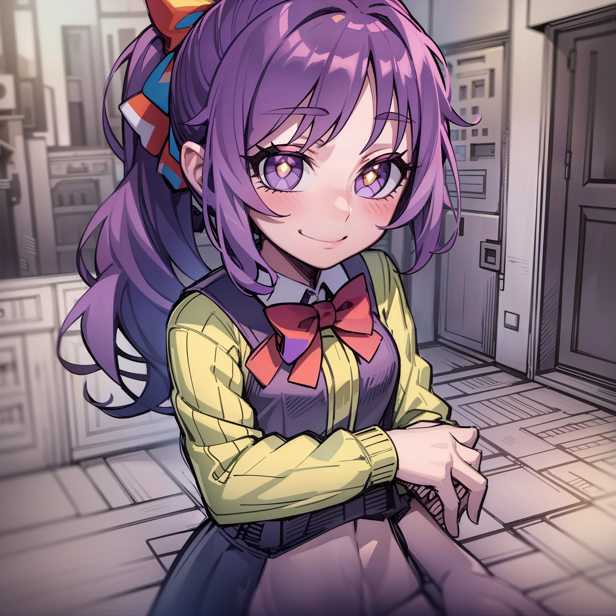 (child body:1.3), loli, looking at viewer, long purple hair, yellow pupils, (masterpiece, best quality:1.2), (solo), (1girl), best quality, (photorealistic:1.4),ultra detailed, solo, (full body:1.5), standing, love in eyes, double ponytail, blushing, cute, smile, purple outfit, purple school uniform, bow tie red, yellow bow hairpin, long sleeves, miniskirt