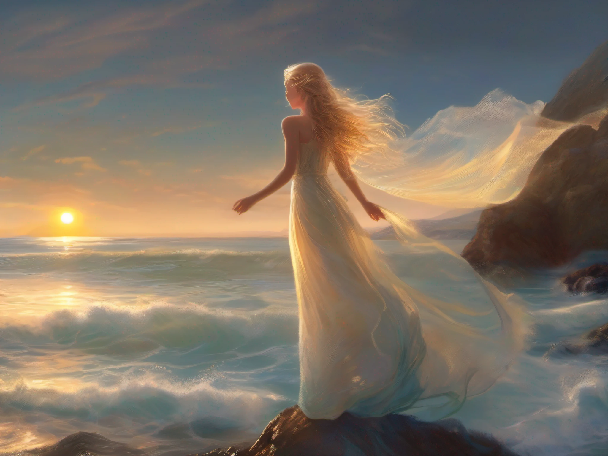In a serene coastal setting, a young girl with a mystical ability to control water stands at the edge of a glistening azure ocean. The sun dips below the horizon, casting a warm golden glow across the scene. As waves crash against the rocky shore, the girl effortlessly shapes and manipulates the water with her outstretched hands. Her flowing aquamarine dress billows in the wind, accentuating her connection to the sea. The atmosphere is tranquil and awe-inspiring, with a magical touch, blonde hair, expressive hair, shiny hair, heart-shaped pupils, light smile, Fujicolor, lens flare, f/2.8, 35mm, Canon, god rays, glowing light, 16k, super detail, high details, best quality, highres, award winning, masterpiece, ccurate, anatomically correct