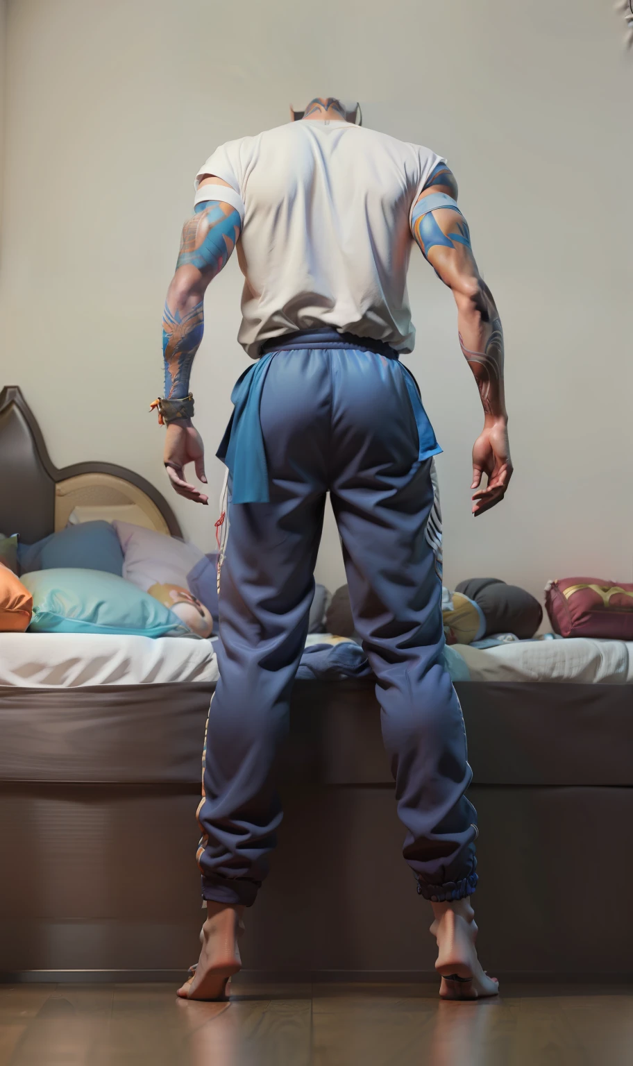 Super saiyan blue, goku, black person, orange outfit, bed in the front, angry
