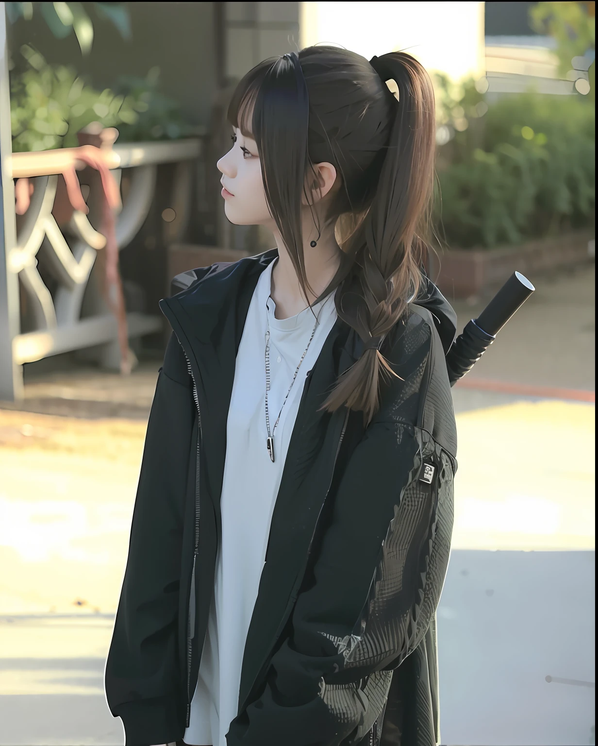 quadratic element，the girl with black hair，High ponytail，Pure and beautiful girl，black black jacket，White T-shirt，black long pants，White canvas shoes。