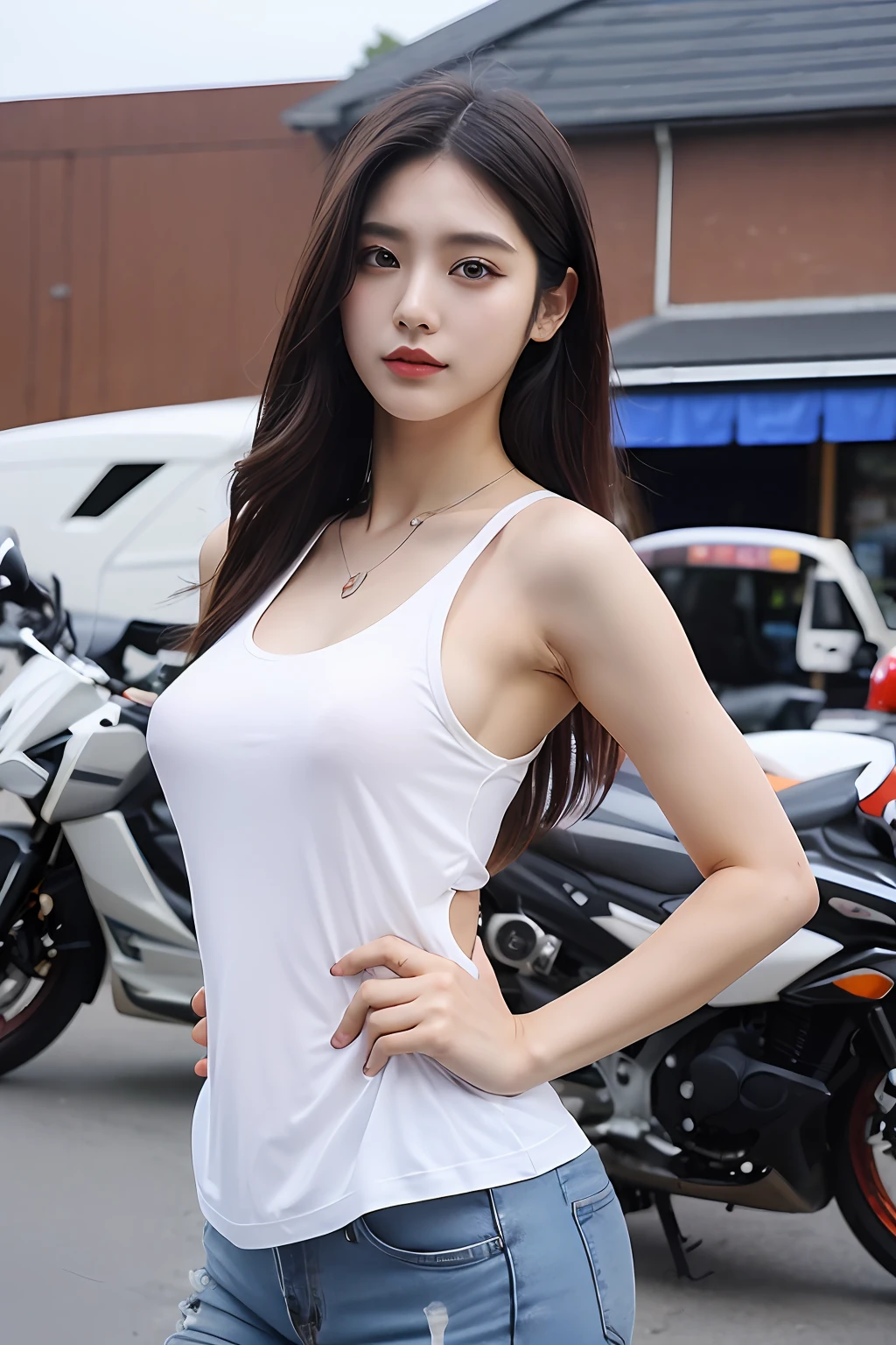 (extra detailed body、extra detailed face、best qualtiy:1.2)、femele、looking at the viewers、(White tank top、JINS)、(Motorcycle on background:1.4)