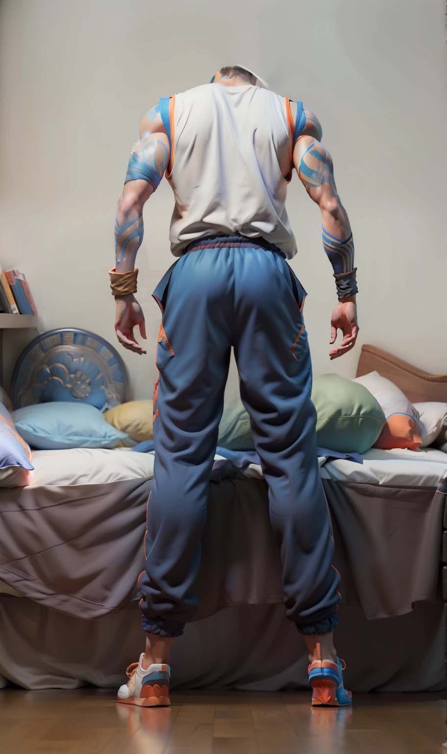 Super saiyan blue, goku, black person, orange outfit, bed in the front, angry