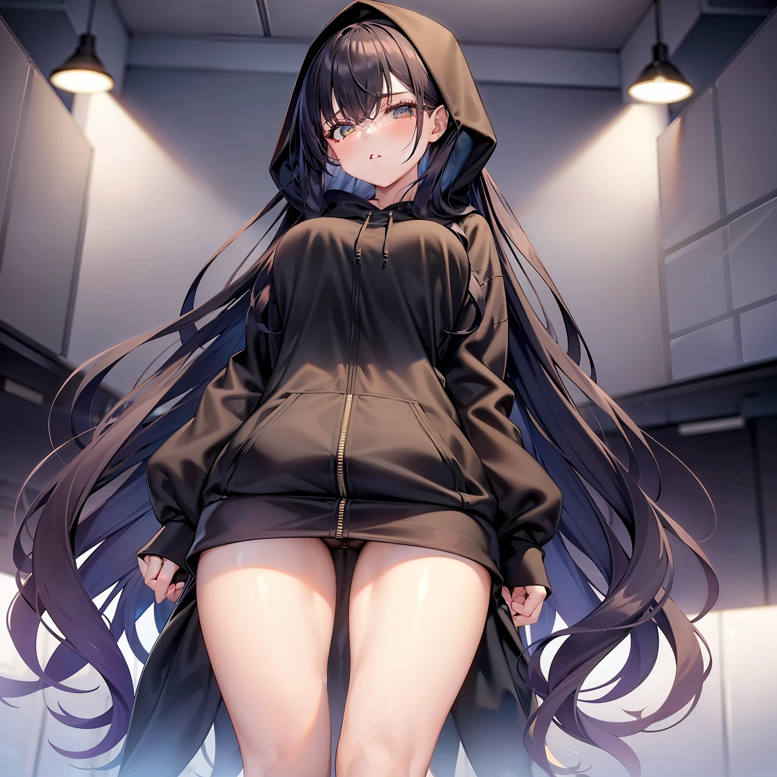 Large hoodie, oversized hoodie, skirt, tennis skirt, black clothes, black panties, hood up, long hair, straight hair, standing up, view from below, large breasts, thick thighs, stockings