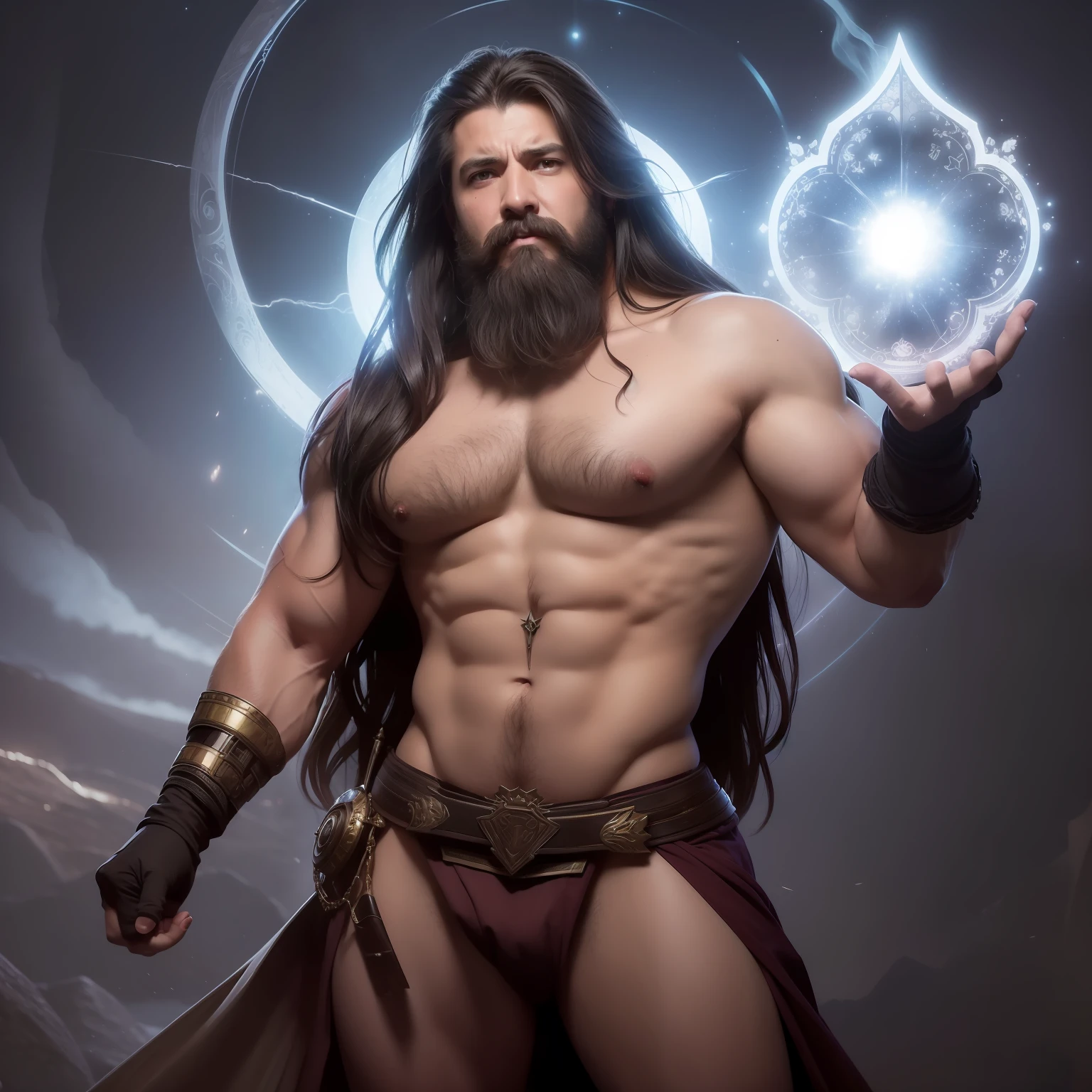 Photo of the world's most beautiful artwork featuring a soft, sleek male hero, ((epic heroic fantasy, homens musculosos, robusto, wounded hero, Angry look with long hair and long beard and fierce appearance in a dynamic posture, fantastic location, majestoso ambiente desordenado)), Full-body 8K drive rendering, action photo, poros da pele, very dark lighting, sombras pesadas, rosto detalhado e detalhado, (vibrante, foto realista, realista, dramatic, escuro, foco nítido, 8k), (danificado pelo tempo roupa de couro velha e desgastada: 1.4), (intrincada: 1.4), decadente, (altamente detalhada: 1.4), pintura digital, octan render, artstation, arte conceitual, suave, foco nítido, illustration, arte de artgerm, (loish: 0.23) , wlop ilya kuvshinov, e greg rutkowski e alphonse mucha gracias, (global ilumination, studiolight, Light Volumetric), chuva pesada, floating particles, fundo escuro