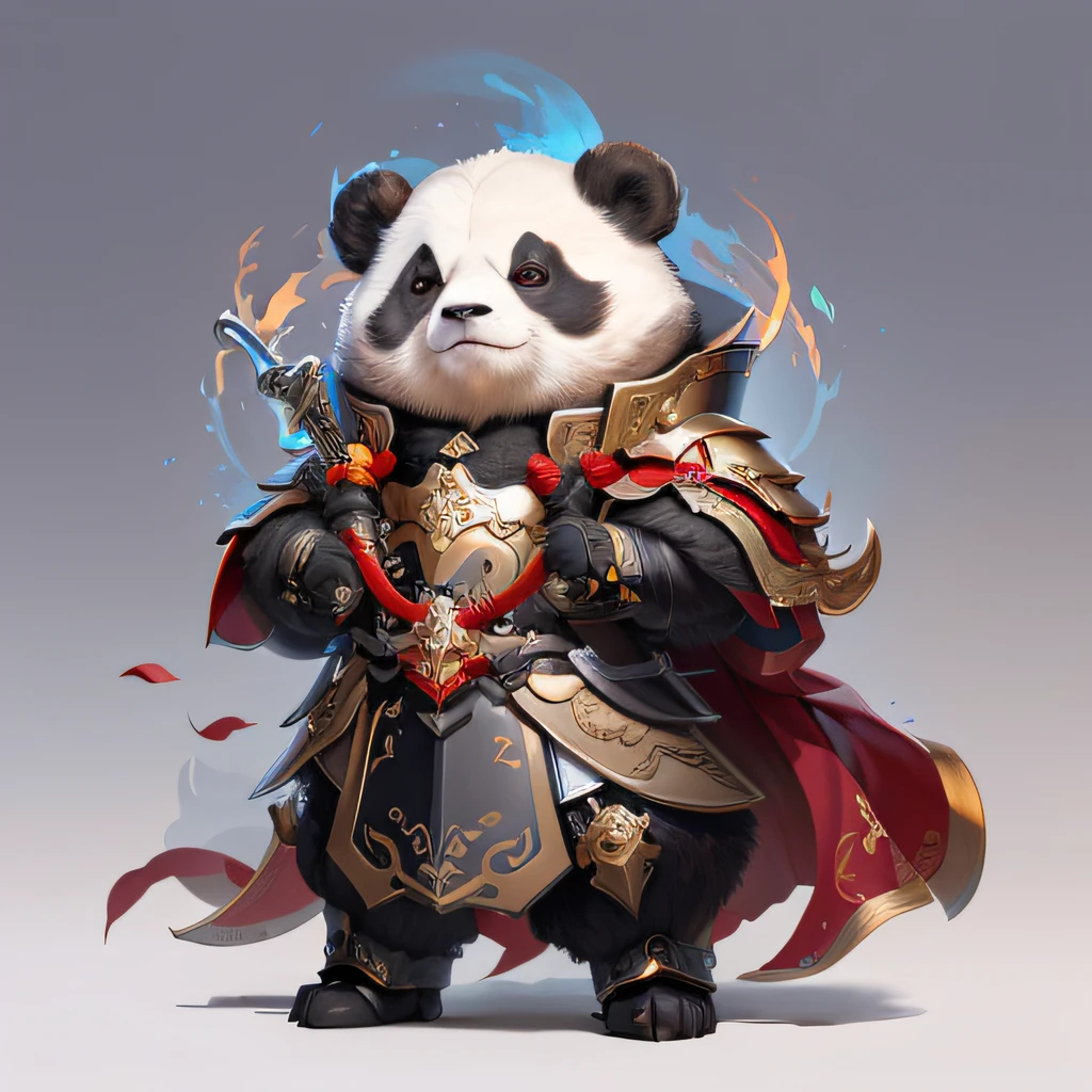 Close-up of a panda in armor and holding a sword, by Yang J, Feng Zhu concept art, G Liulian art style, chengwei pan on artstation, author:Qu Leilei, bian lian, author:Ju Chao, inspired by Li Kan, By Ren Xiong, author:Wang Lei, author:Shen Zhou, inspired by Luo Mu,Surrounded by flames