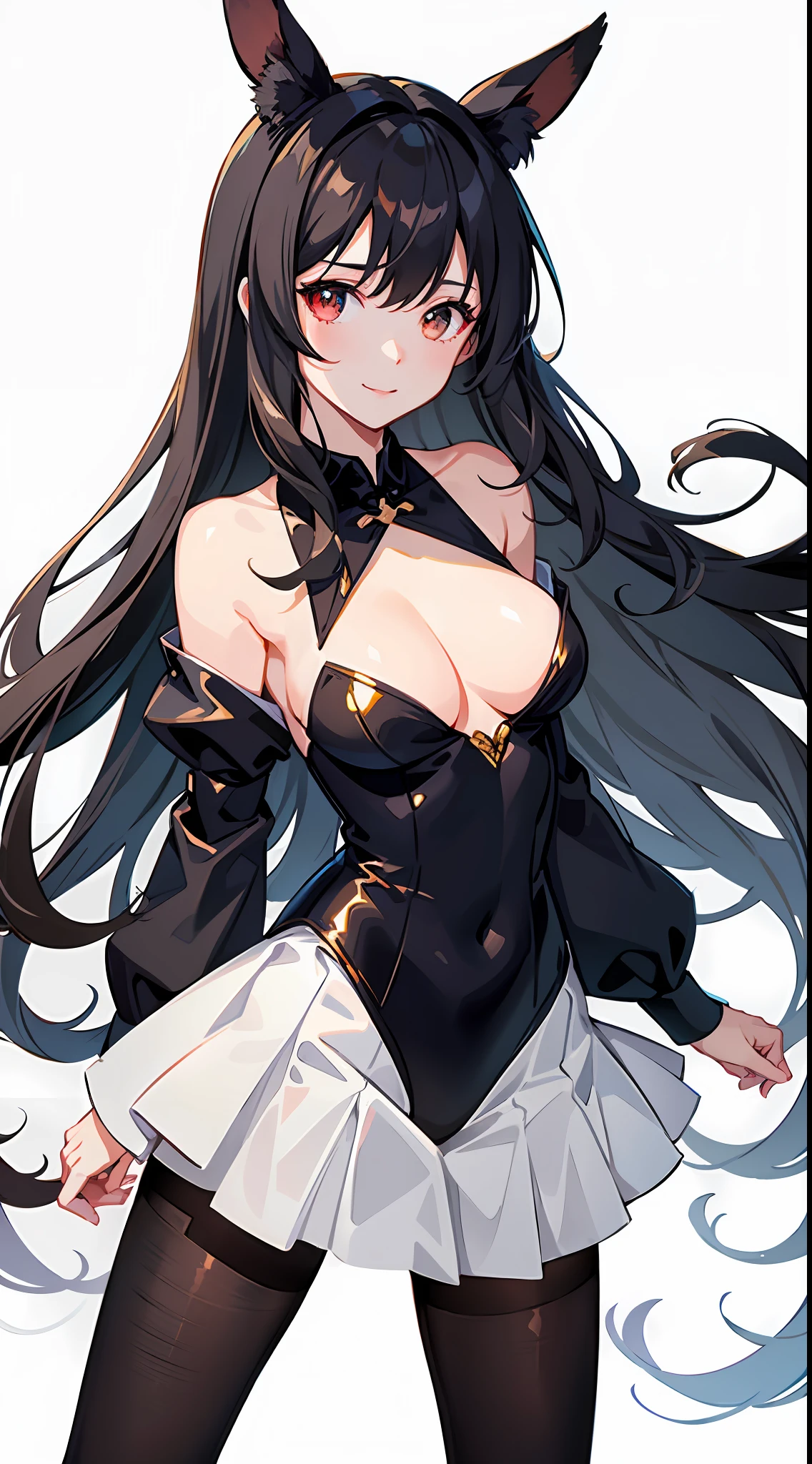 one-girl,(Close-up above chest 1.5),Black color hair,White rabbit ears,bunnygirl,Sexy action,cleavage,校服,white shirt,lacepantyhose,pleatedskirt,Close-up shot,rabbitears,Mayijan,forward leaning,Behind the arm,light smile,Be red in the face,Best quality at best