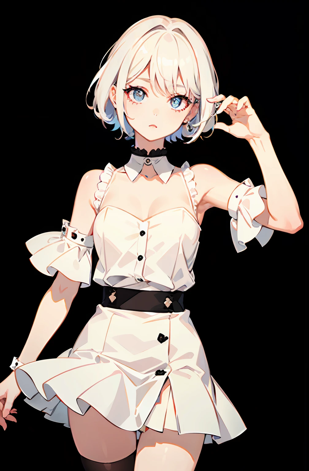 best quality, ultra high res, 1girl, sleeveless white button shirt, black skirt, black choker, cute, (Kpop idol), (aegyo sal:1), (platinum blonde hair:1), ((puffy eyes)), looking at viewer, full body, facing front