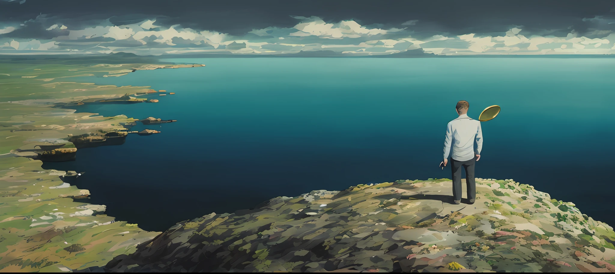 A man holds a spherical compass,Look forward and up from the angle behind him,In front is the sea and a huge abyss
