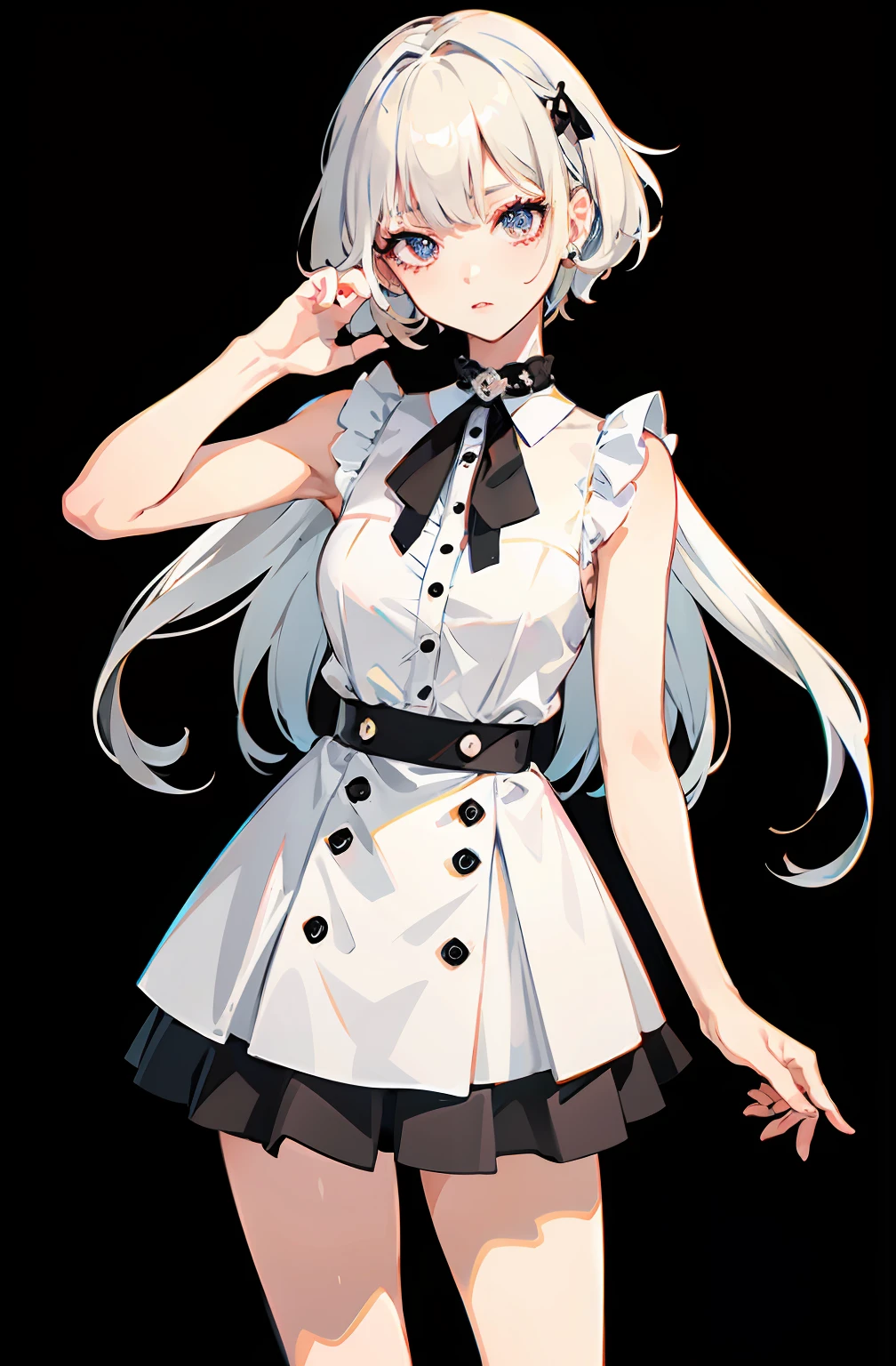 best quality, ultra high res, 1girl, sleeveless white button shirt, black skirt, black choker, cute, (Kpop idol), (aegyo sal:1), (platinum blonde hair:1), ((puffy eyes)), looking at viewer, full body, facing front