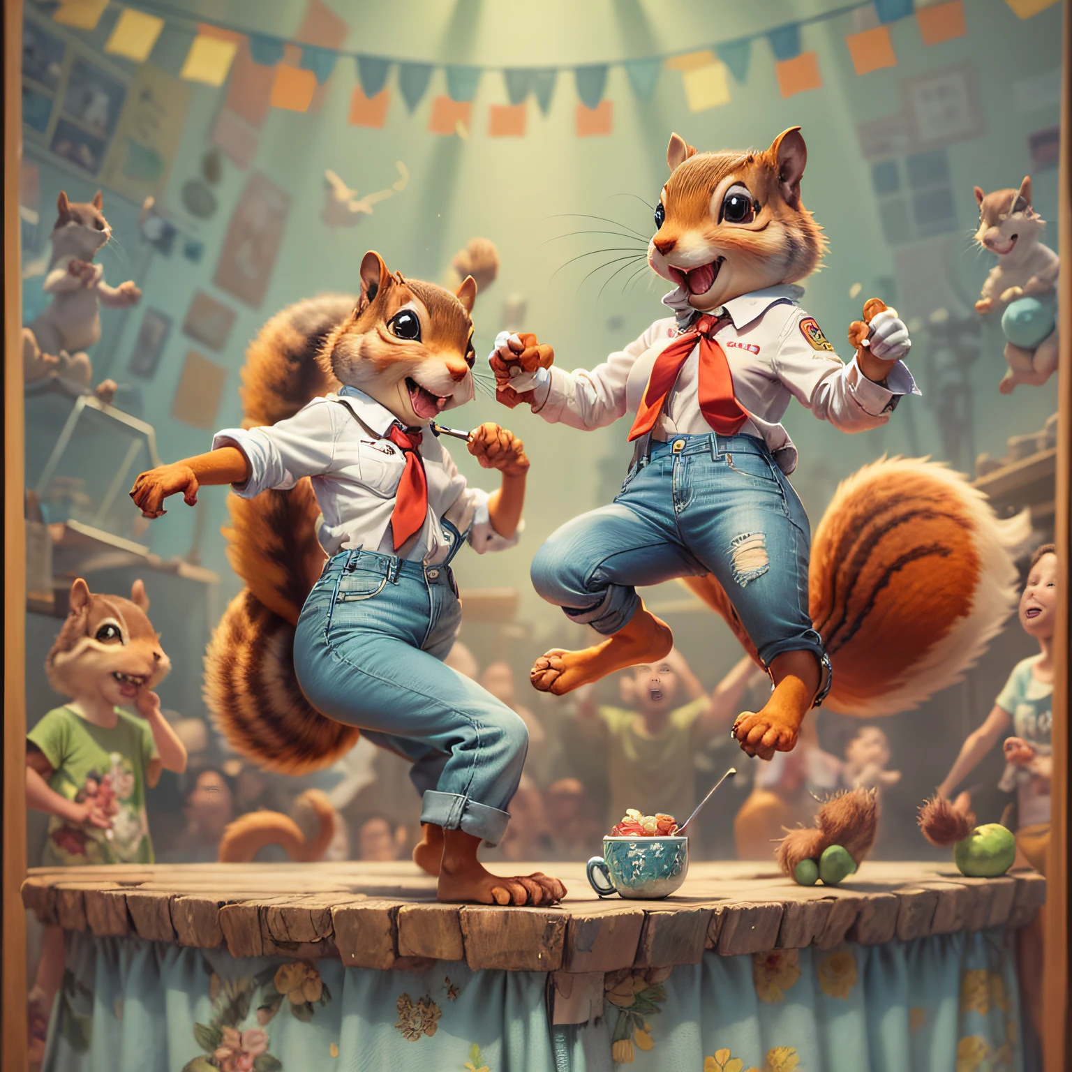 (Masterpiece), (intriciate detail), Two squirrels in shirts and denim pants, Anthropomorphic squirrel, Bipedal squirrel, Squirrel dancing on stage, happy, by Connor Brothers, pin-up style artwork