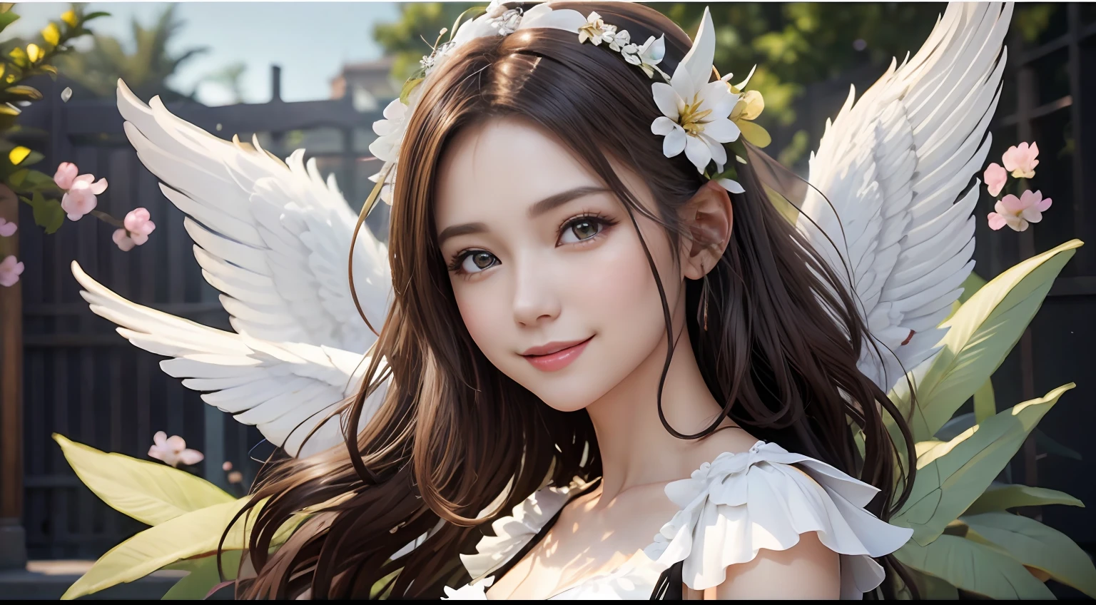 Beautiful angel woman、Beautiful white wings、Soaring petals、Hozue、look at a camera、kindly smile、A detailed face、3D、Looking at the camera、Detailed upper body concept