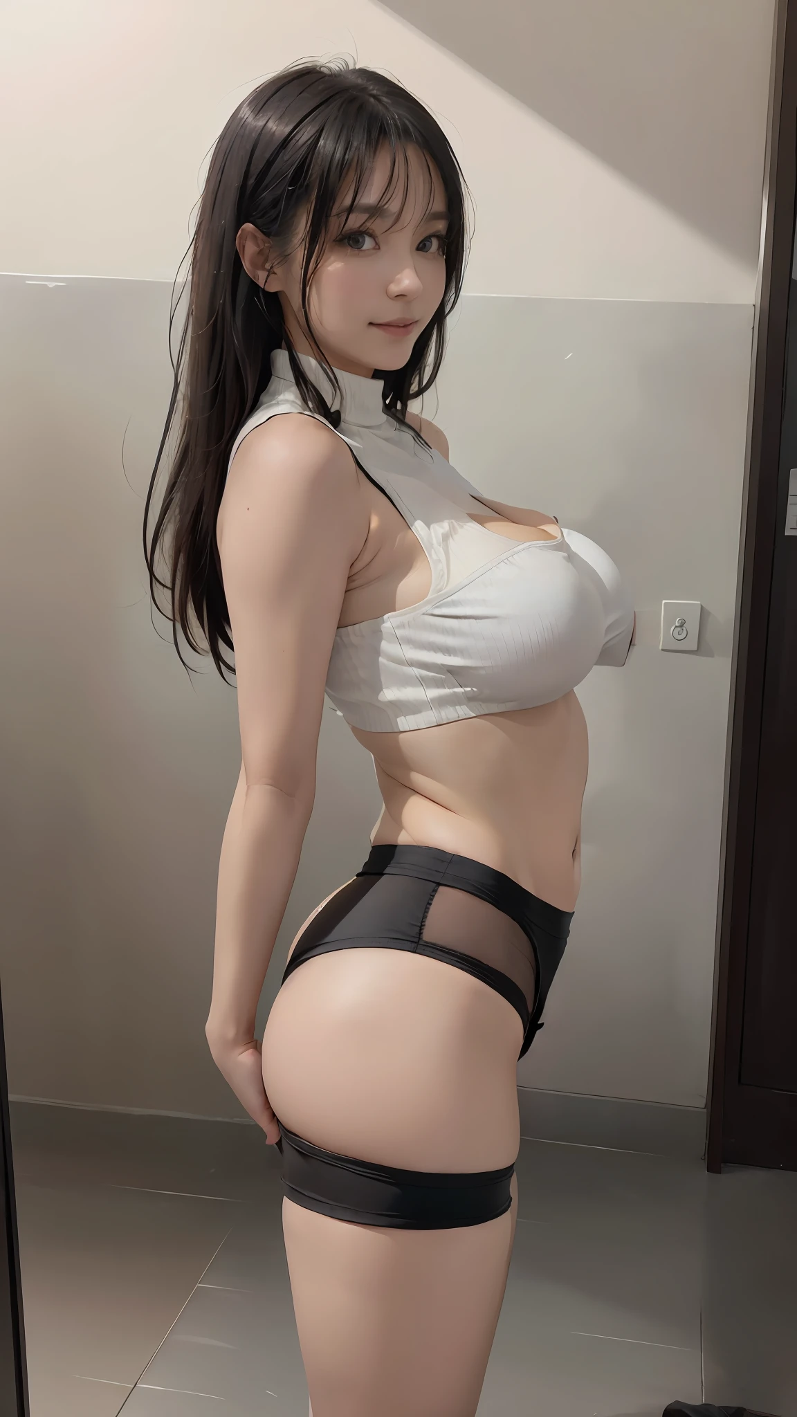 (8K, 超A high resolution, Best Quality, masutepiece:1.2)、RAW portrait of japanese girl、超A high resolution、top-quality、 (huge-breasted,Nipple protrusion:1.2)、{Hide all breasts:1.35}((Black Low-Rise Hot Pants:1.5))、(Wearing a white sleeveless turtleneck:1.5)、(hands to hips:1.4)、(In the street:1.2) BREAK (Natural Skin Texture、Detailed skin、Hyper-Realism、ultra sharpness)、intricate detailes、depth of fields、Sexy adult woman、(Long Black Hair:1.1)、Toned buttocks、((masterpiece、top-quality、high-detail))、(Photorealsitic:1.4)、独奏、closes mouth、Smile happily、big eye、Distinct double eyelids、Lashes、long neck、Absolute area、Clean collarbone、face perfect、thin lips、a small face、(gazing at viewer、Highlights in the eyes、Black eyes、lipgloss)、(From the side:1.6)(Draw everything from head to foot:1.4)(Big toned buttocks、Short stature、Platform Long Boots)Extraordinary beauty、super cute woman、Beautiful legs、Beautiful fingertips