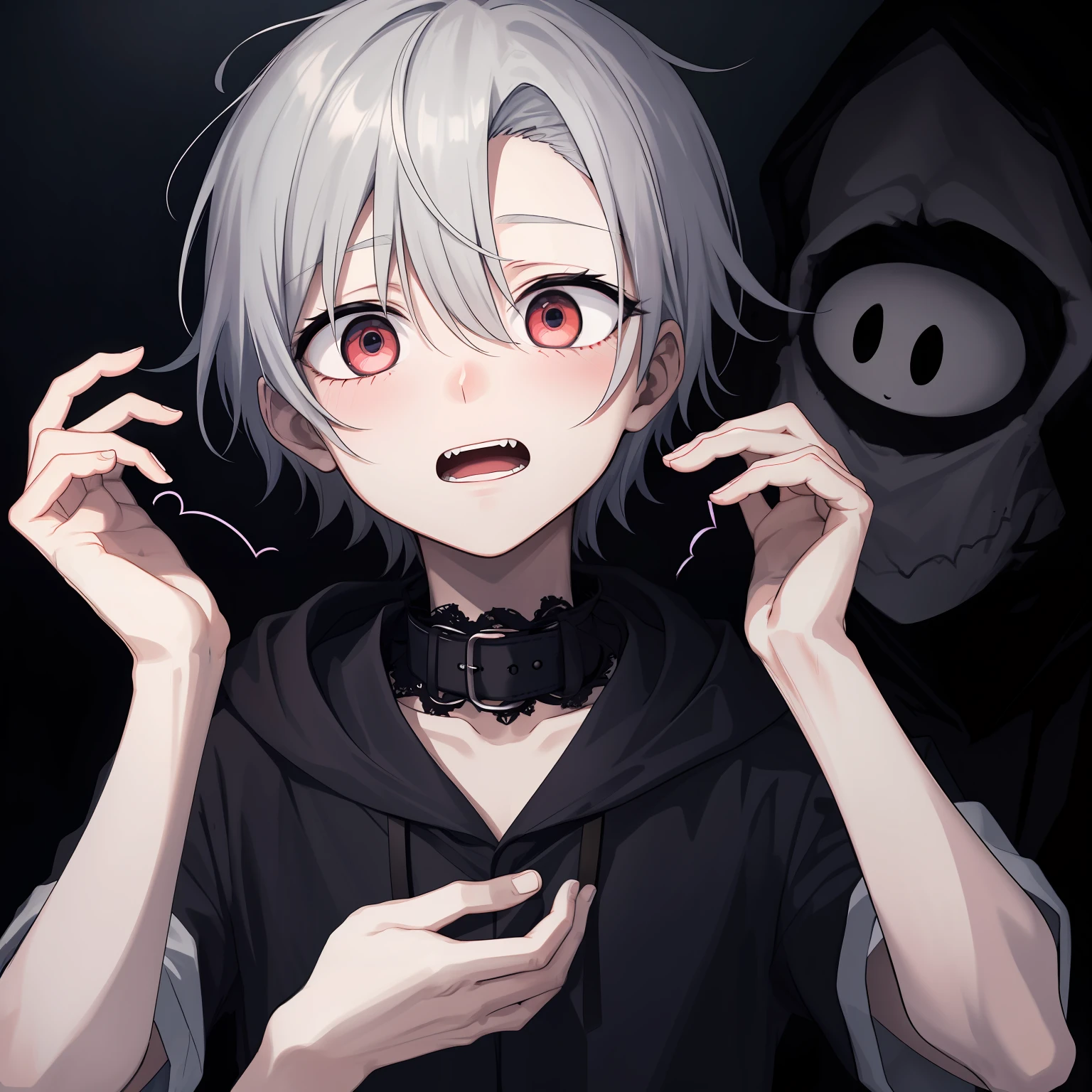 A spooky night，A poor boy with sparse gray hair，, Suddenly, a gloomy voice sounded，spine-chilling，My heart was beating hard，My face was full of panic，cute little，unhelpless