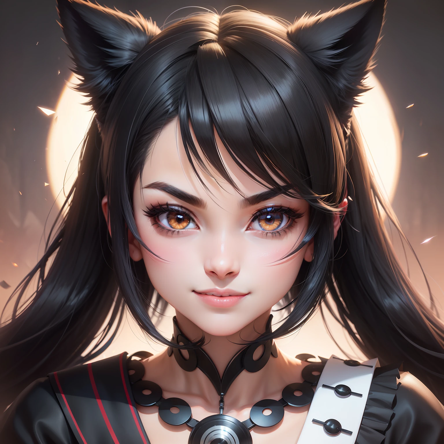 black hair, hair bobbles, wince, longeyelashes, solid circle eyes, fake animal ears, light smile, ear blush, fang, Surrealism, drop shadow, anaglyph, stereogram, tachi-e, pov, atmospheric perspective, 8k, super detail, ccurate, best quality, textured skin, high quality