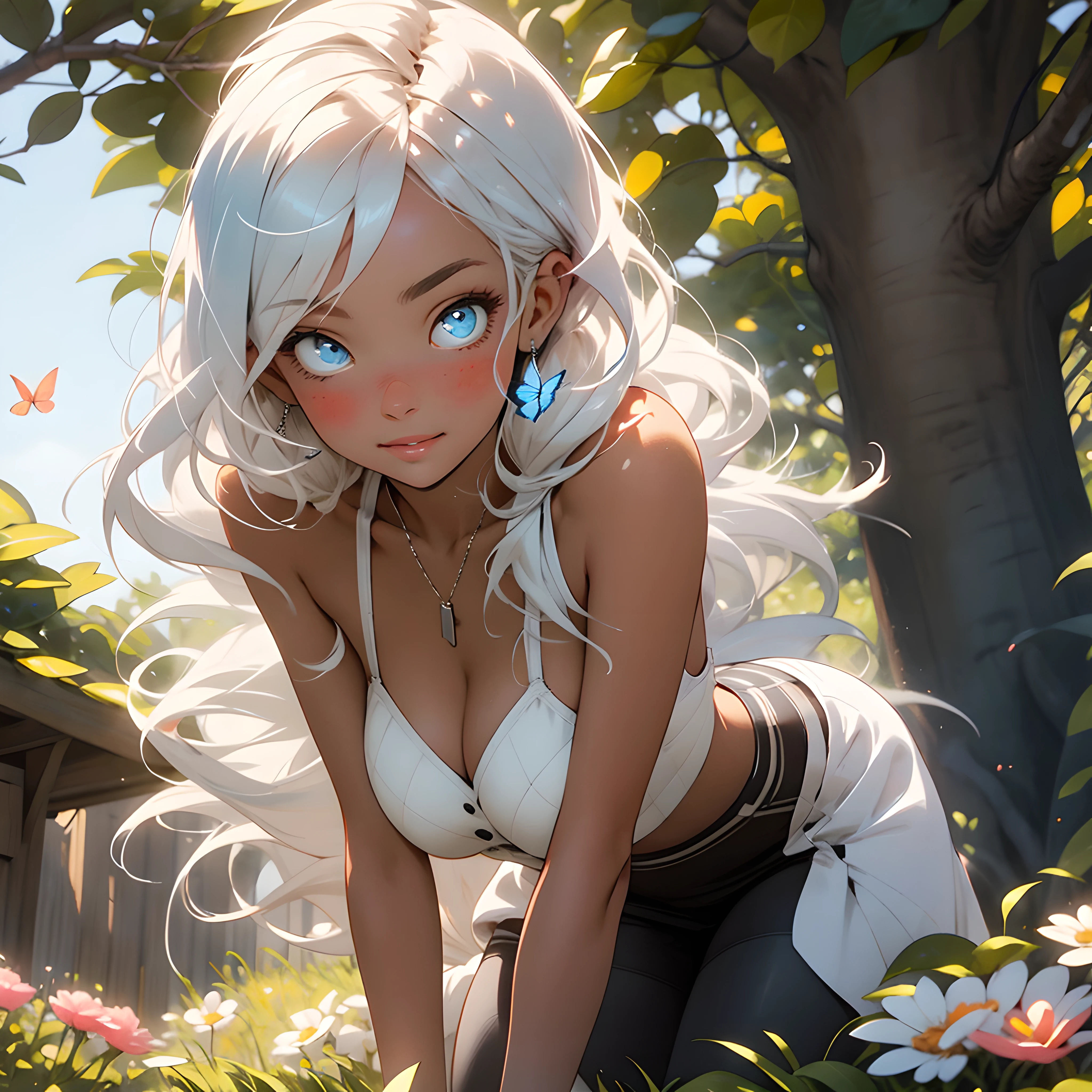 (((best quality))), (((masterpiece))), (Ultra-detailed:1.3), (Highres), official art, sunlight,1girl, adult woman, (an extremely detailed and beautiful face:1.3), sitting, (beautiful light blue eyes:1.2), long white eyelashes, (very long voluminous white,blue gradient hair:1.3), fair skin, (skin dentation:1.2), long legs, model, cross necklace, (white lavender [school open back plunging shirt detached sleeves:0.3),, blush, shyness, (very_large_breasts:1.4), Realistic, short shorts, surrounded by roses and colorful butterflies,no shoes, a lollipop in one hand, surrounding garden, tree shadow, hair fluttering in the wind,  whimsical, fantastical, 8k resolution, studio lighting
