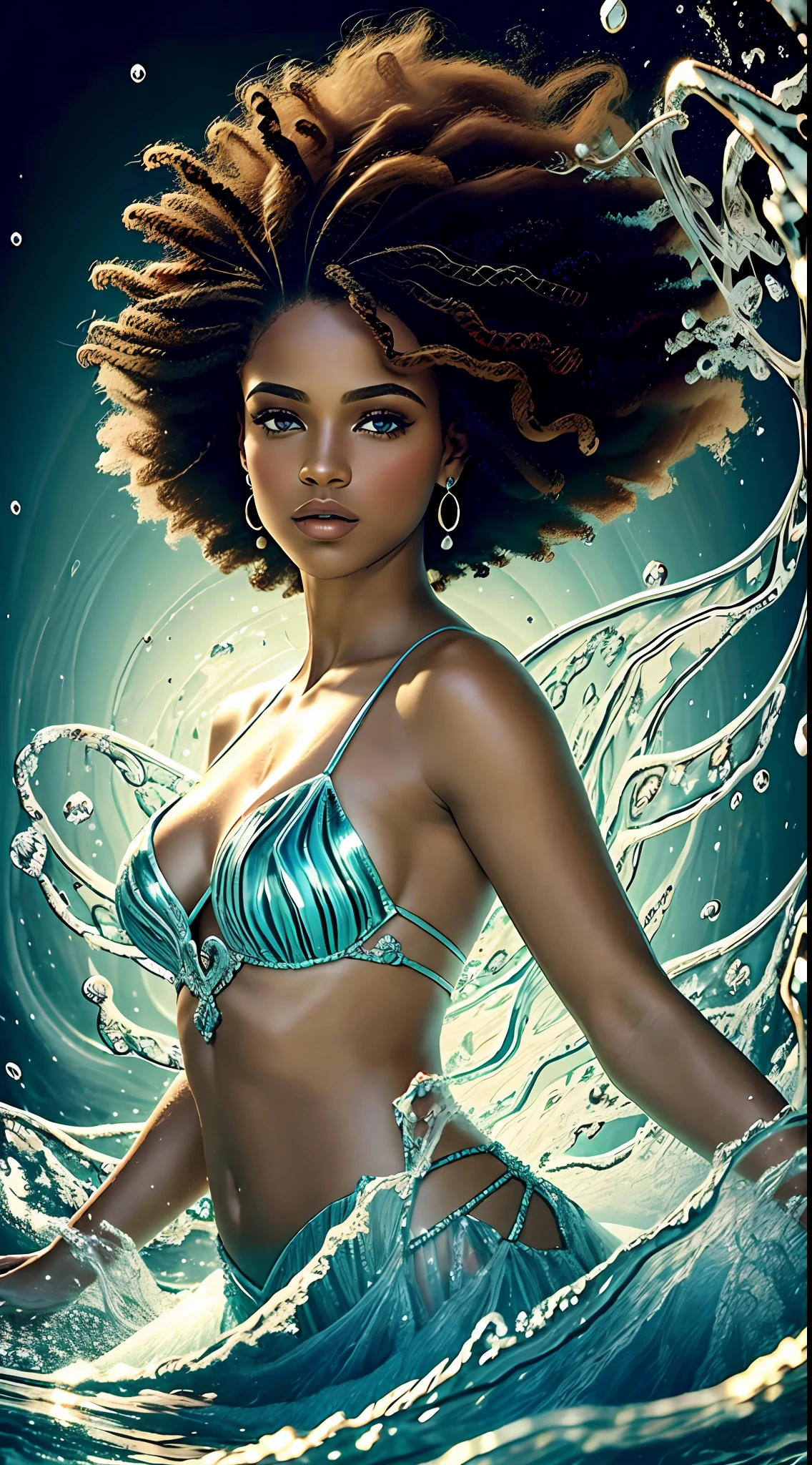 (obra-prima, qualidade superior, melhor, arte oficial, beautiful and aesthetic, long exposure: 1.2), movimento suave, attractive pattern, uma menina, mulher afro americana adulta, sardas, olhos de jade, cabelo lobo preto, retrato, solo, parte superior do corpo, observador encarando, fundo detalhado, rosto detalhado, (cristalAI, tema de cristal: 1.1), elemental water sprite, Spinning water, controlling water, roupas de mago de fantasia, dinamic pose, particle floating, Aether dynamics,  water, vapor, fundo mar, tons de azul, costa, Fantastical Atmosphere, mini saia. Cabelos azuis. cabelos curtos