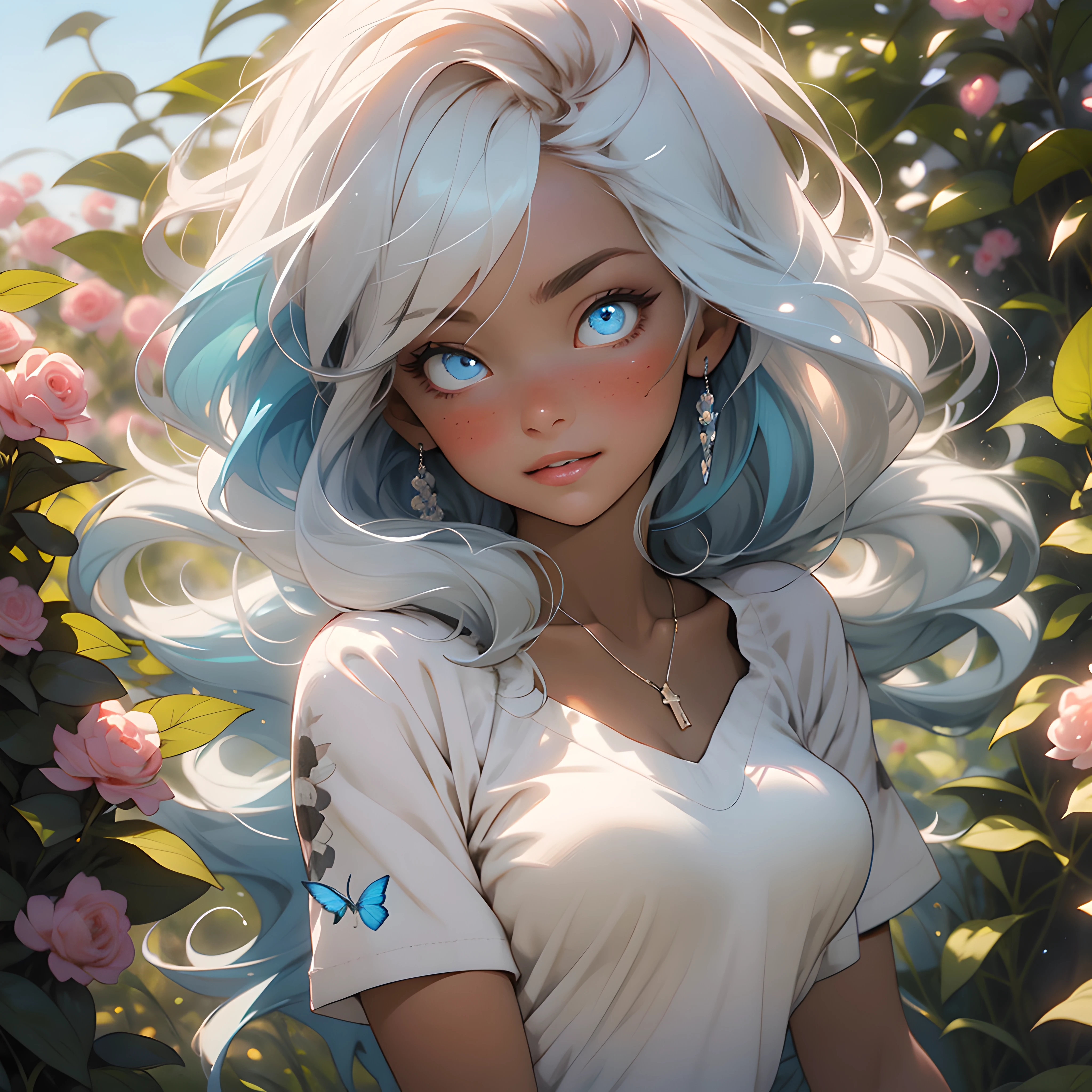 (((best quality))), (((masterpiece))), (Ultra-detailed:1.3), (Highres), official art, sunlight,1girl, adult woman, (an extremely detailed and beautiful face:1.3), (beautiful light blue eyes:1.2), long white eyelashes, BREAK(very long voluminous white,blue gradient hair:1.3), fair skin, BREAK(skin dentation:1.2), model, cross necklace, (white lavender [open back floral crop top detached sleeves:0.3), blush, shyness, (very_large_breasts:1.4), Realistic, short shorts, surrounded by roses and colorful butterflies, a lollipop in one hand, surrounding garden, tree shadow, hair fluttering in the wind, whimsical, fantastical, 8k resolution, studio lighting