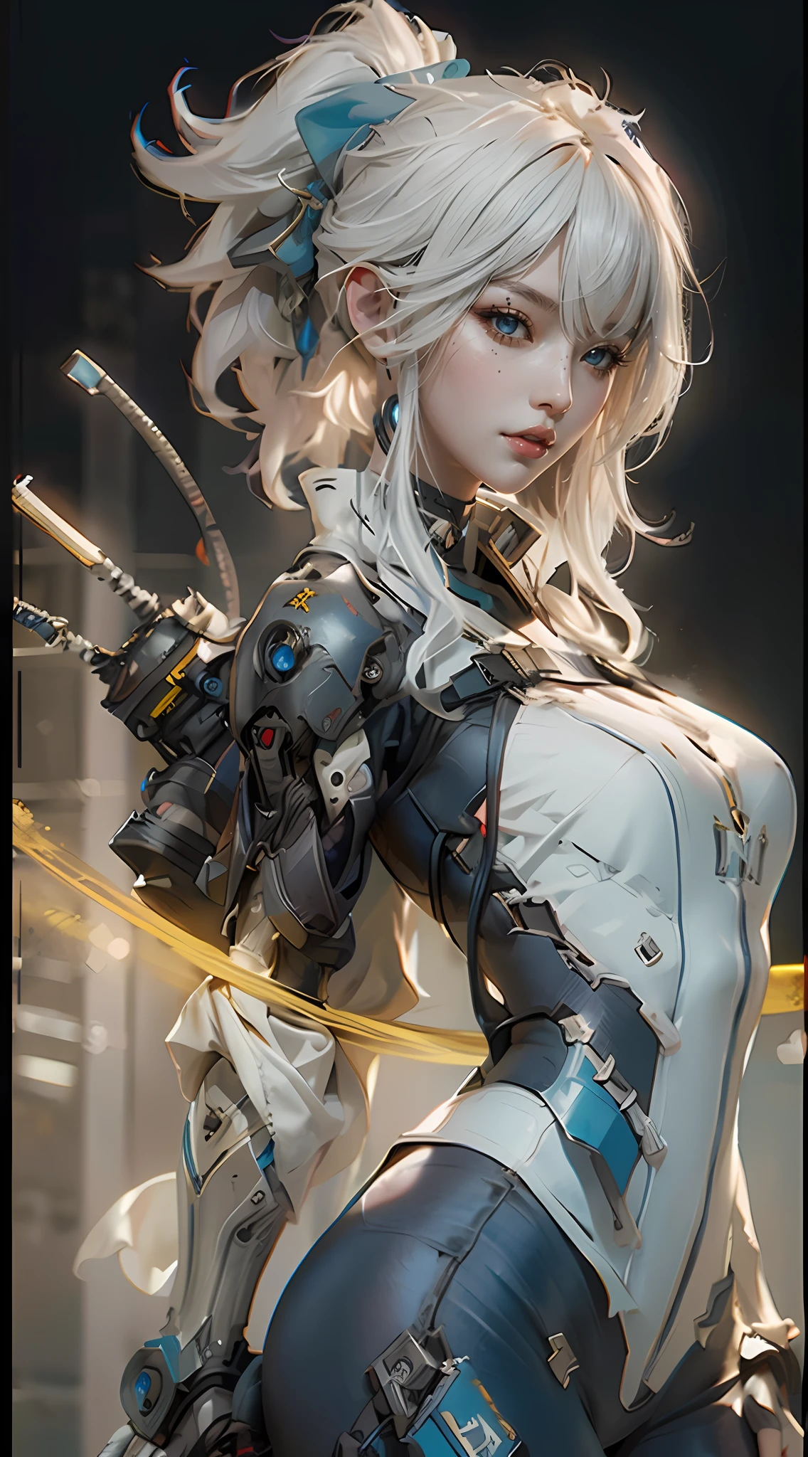There was a woman with a sword and a helmet, cyborg - girl with silver hair, perfect android girl, anime robotic mixed with organic, [ trending on CGSociety ]!!, Guweiz on ArtStation Pixiv, Cute cyborg girl, beautiful white girl cyborg, Guweiz in Pixiv ArtStation, cyberpunk anime girl mech, CGsociety masterpiece