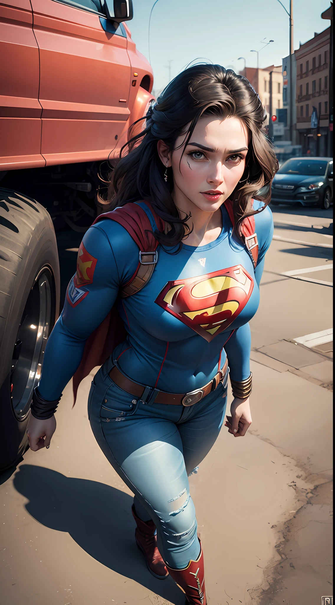 Superman patterned monster truck, (((monster truck))), Realistic, Photorealistic, (masterpiece:1,5), urban background, concept art, intricate detail, high detail, photo realistic, octane render, 8k, dynamic poses, best quality, (face  realistic : 1.1), (hyperrealistic:1.1), ((full_body 1:1)), (very detailed background), not out of frame, Macro photography, Macro lens, Super detailed