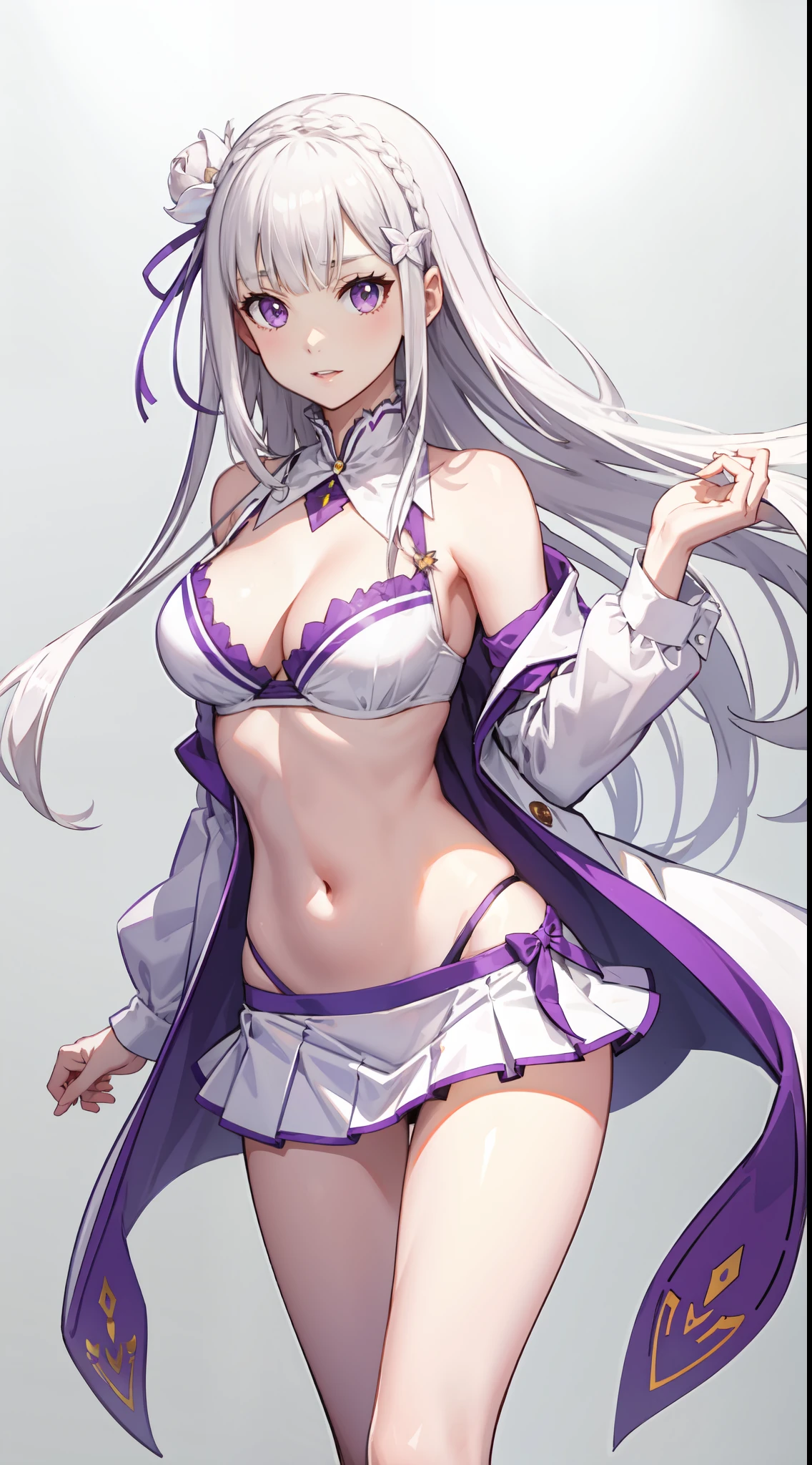 slim legs, cleavage, short skirt, navel, purple eyes, emilia, stand, White hair, long hair, side tie bikini