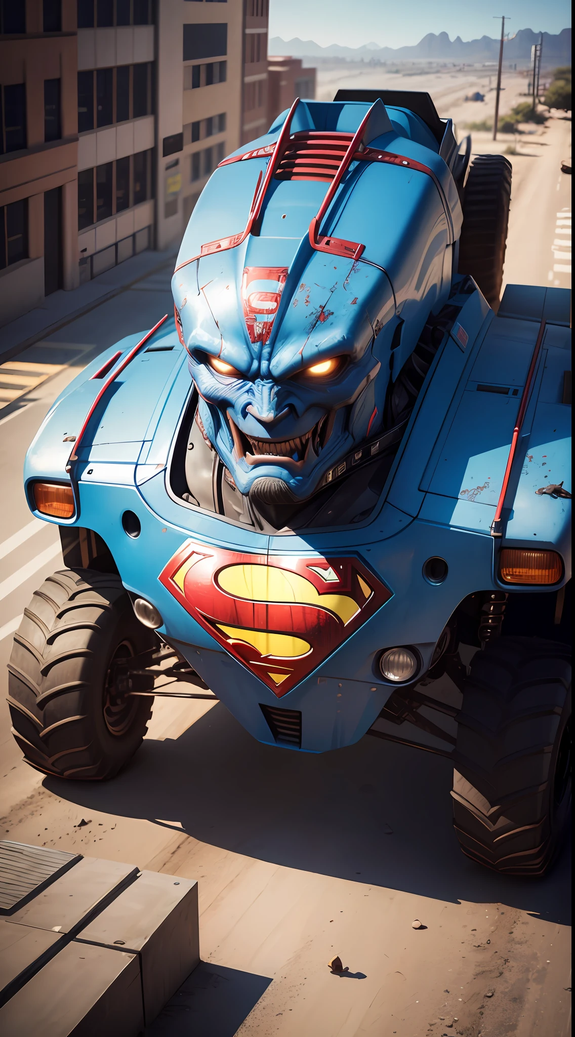 Superman patterned monster truck, (((monster truck))), Realistic, Photorealistic, (masterpiece:1,5), urban background, concept art, intricate detail, high detail, photo realistic, octane render, 8k, dynamic poses, best quality, (face realistic : 1.1), (hyperrealistic:1.1), ((full_body 1:1)), (very detailed background), not out of frame, Macro photography, Macro lens, Super detailed