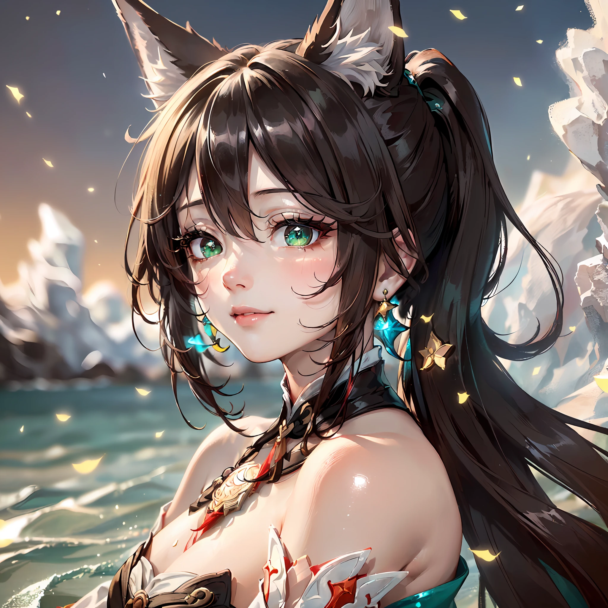 (Dynamic angle,headshot,Facial close-up,sky,water,imid shot, particle effect,artistic effect:1.2), evil smile,(floating and spread hair:1.2), (detailed and delicate and flexible eyes),(1girl,solo,arm, Tingyun (Honkai Star Rail),splash ink,shout,dark brown hair,green eyes,bare shoulders, jewerly, ponytail, medium hair, brown hair, detached sleeves,Big fox ears:1.2), (corrpution:1.15), fov,f/1.8, side lighting, sunlight ,(masterpiece, best quality, Ultra Detail, wallpaper, detailed shiny skin, flawless, 8k, RAW, highres,absurdres,:1.3), (detailed super oily shiny skin:1.1), colorful, power,zhenbanqiao