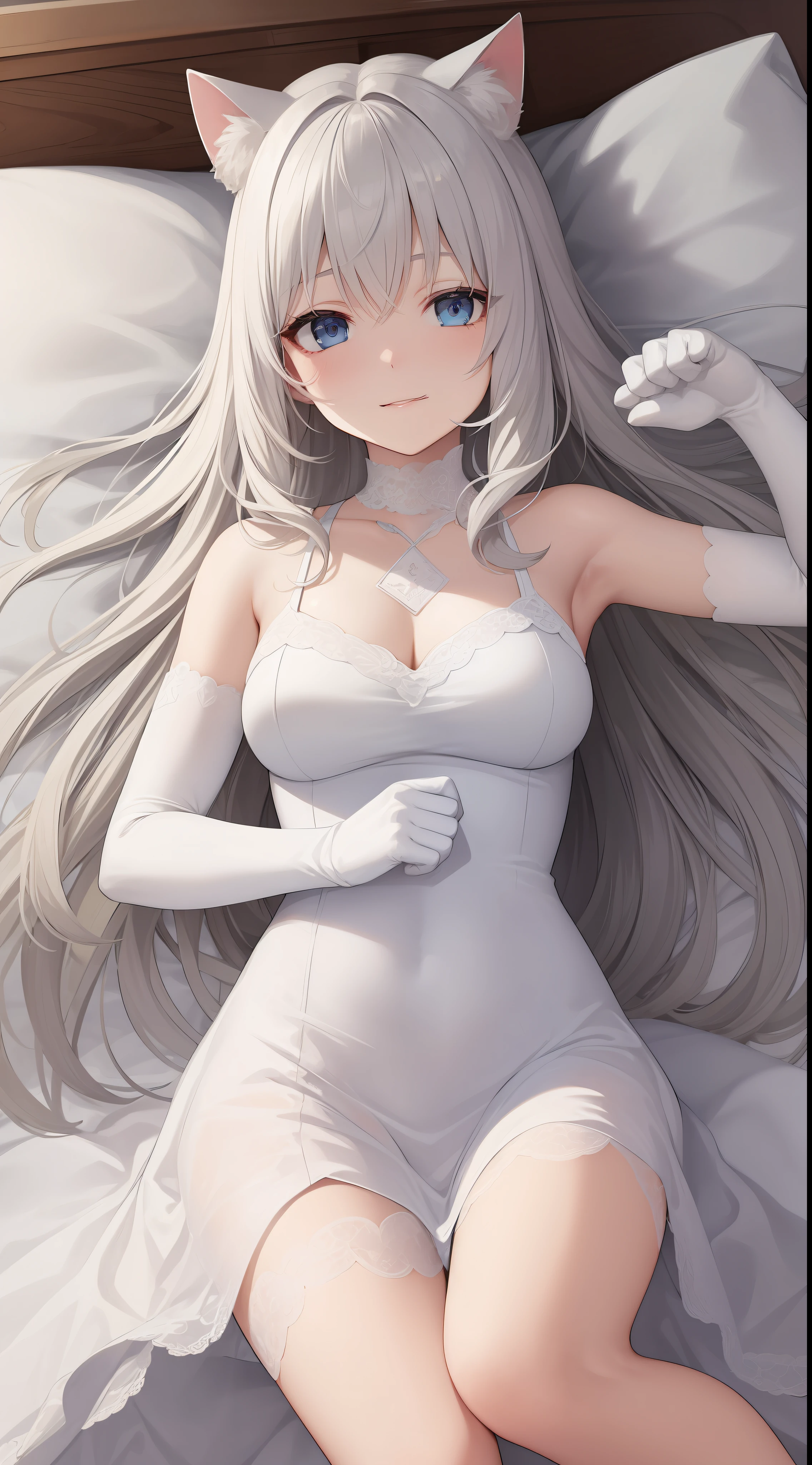 Lazy wind，wide blue eyes，White hair，Dull hair，teens girl，White tones，sitted，1girll，Solo，adolable，white dresses，Big hazy eyes，Facial details are exquisite，Beth，onbed，Impeccable，Cute pose，Plush cat's paw gloves，Shy laugh，The complexion is reddish