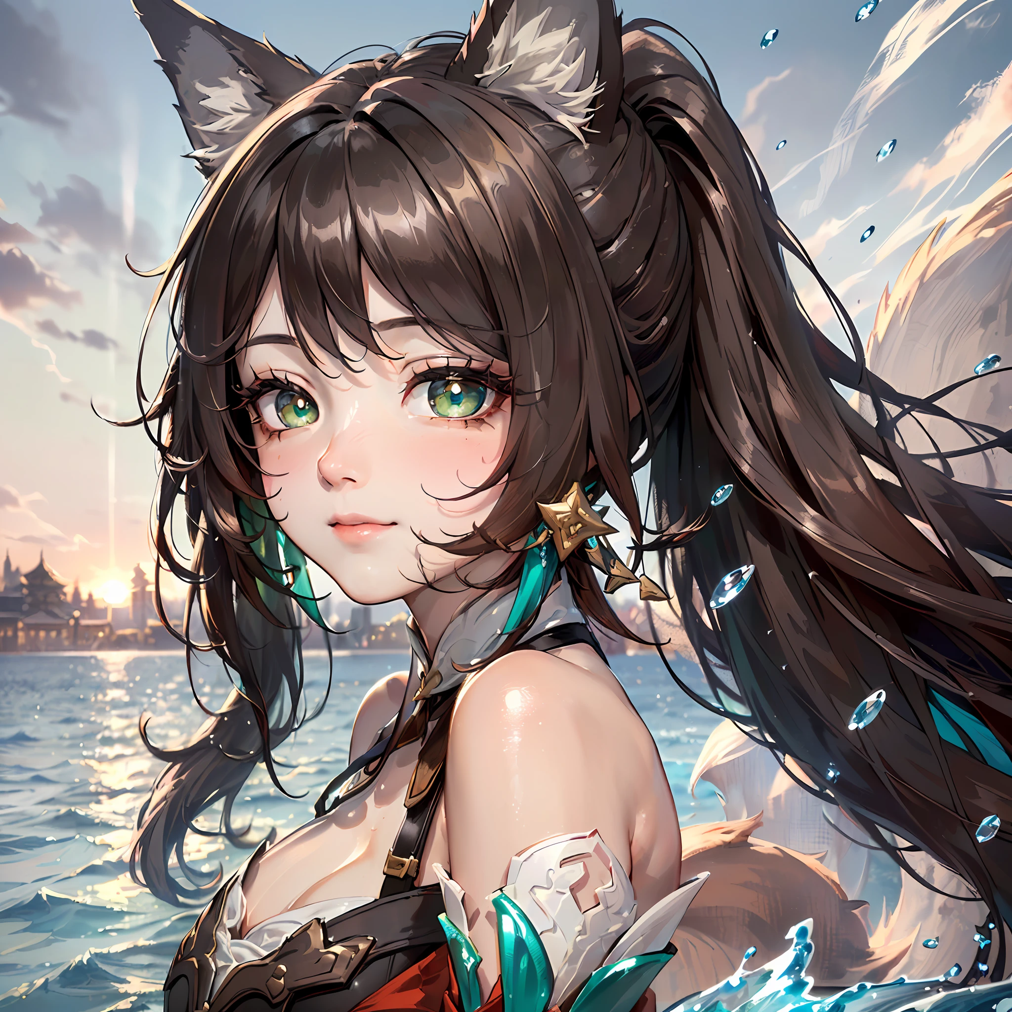 (Dynamic angle,headshot,Facial close-up,sky,water,imid shot, particle effect,artistic effect:1.2), evil smile,(floating and spread hair:1.2), (detailed and delicate and flexible eyes),(1girl,solo,arm, Tingyun (Honkai Star Rail),splash ink,shout,dark brown hair,green eyes,bare shoulders, jewerly, ponytail, medium hair, brown hair, detached sleeves,Big fox ears:1.2), (corrpution:1.15), fov,f/1.8, side lighting, sunlight ,(masterpiece, best quality, Ultra Detail, wallpaper, detailed shiny skin, flawless, 8k, RAW, highres,absurdres,:1.3), (detailed super oily shiny skin:1.1), colorful, power,zhenbanqiao