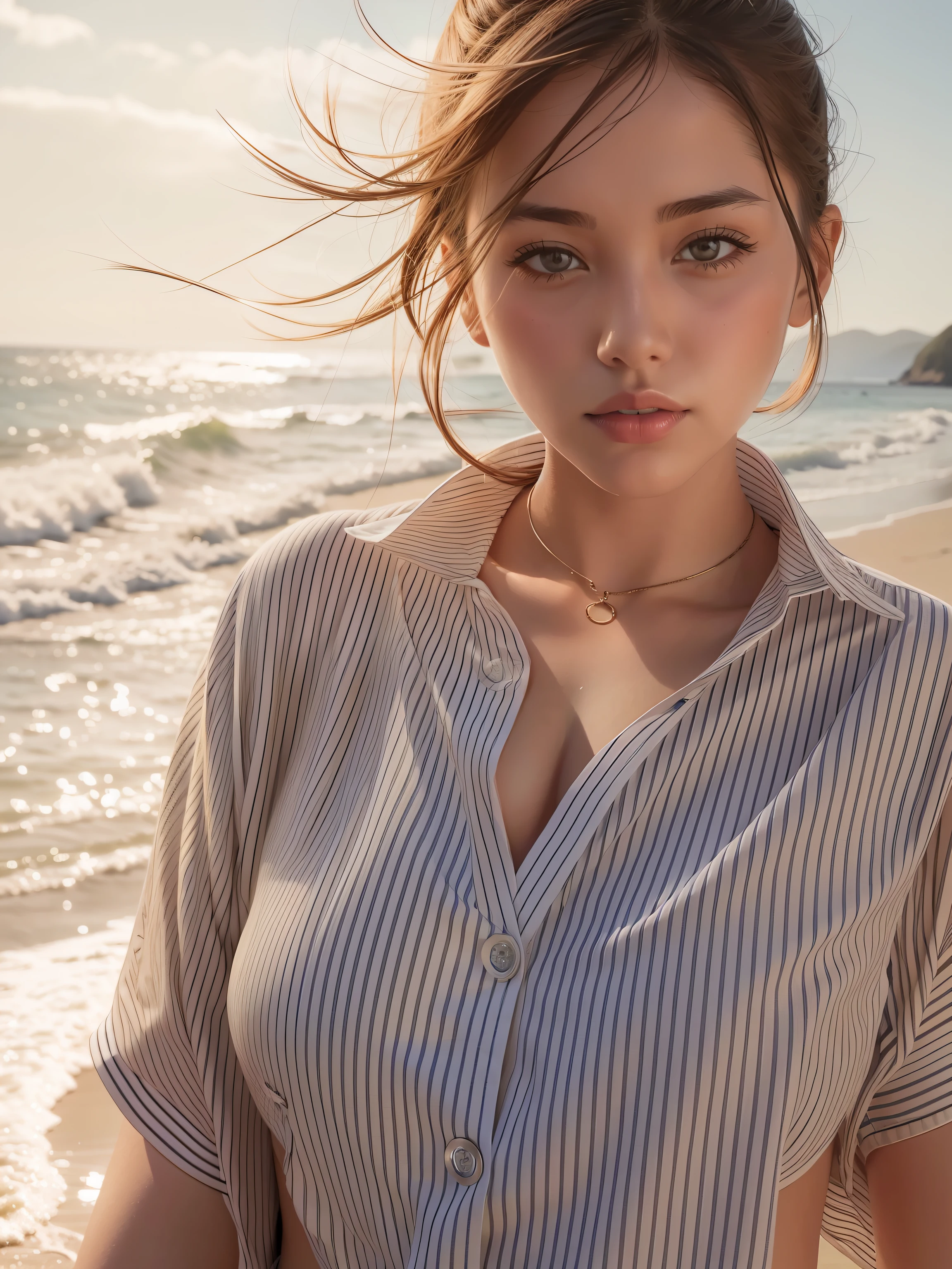 Depicting a beautiful seaside landscape in a bikini、Create vivid and glamorous illustrations。