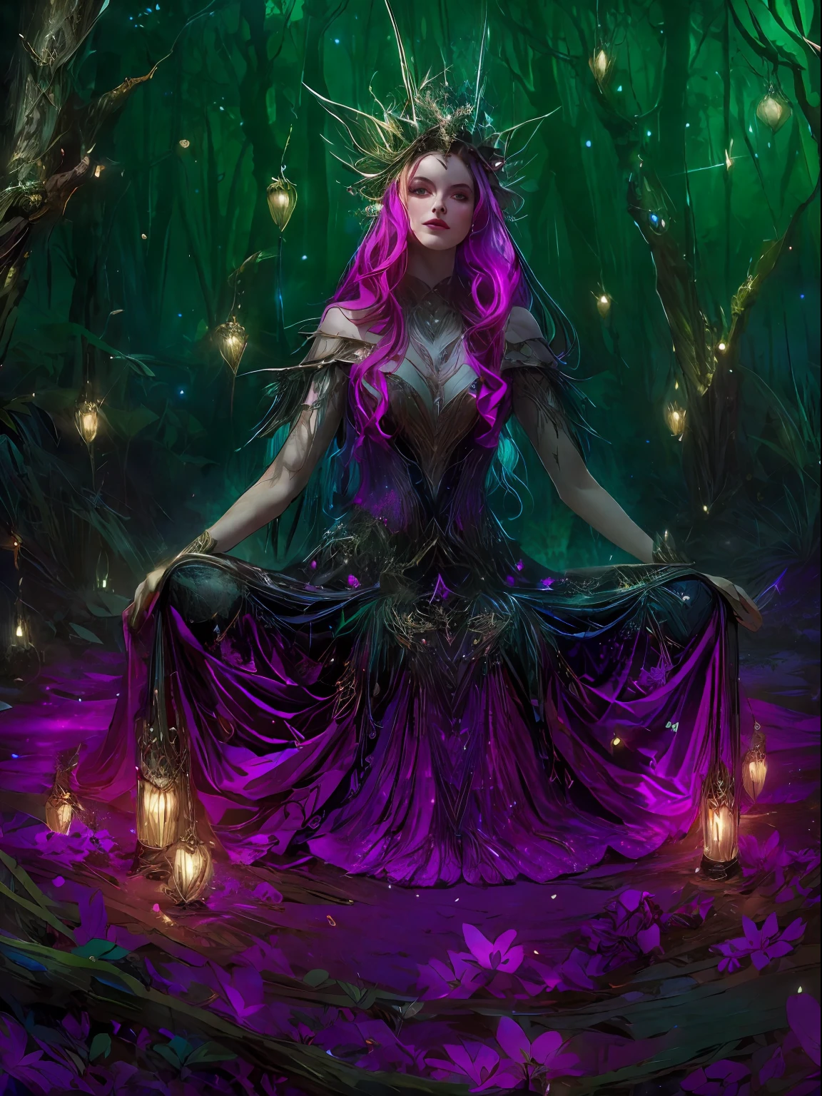 HighestQuali，tmasterpiece：1.2，Detailed details，Full body image of a beautiful forest witch in a decorative dress, Witch fashion, kneels on the ground，dynamicposes, fairy lights, Hyperrealistic, hyper-maximalist, insanely details, 4K