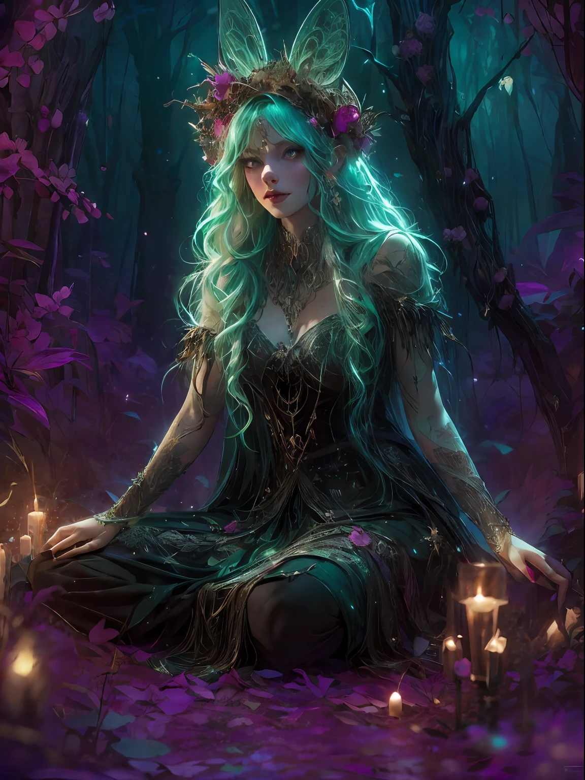 HighestQuali,tmasterpiece:1.2,Detailed details,Full body image of a beautiful forest witch in a decorative dress, Witch fashion, kneels on the ground,dynamicposes, fairy lights, Hyperrealistic, hyper-maximalist, insanely details, 4K