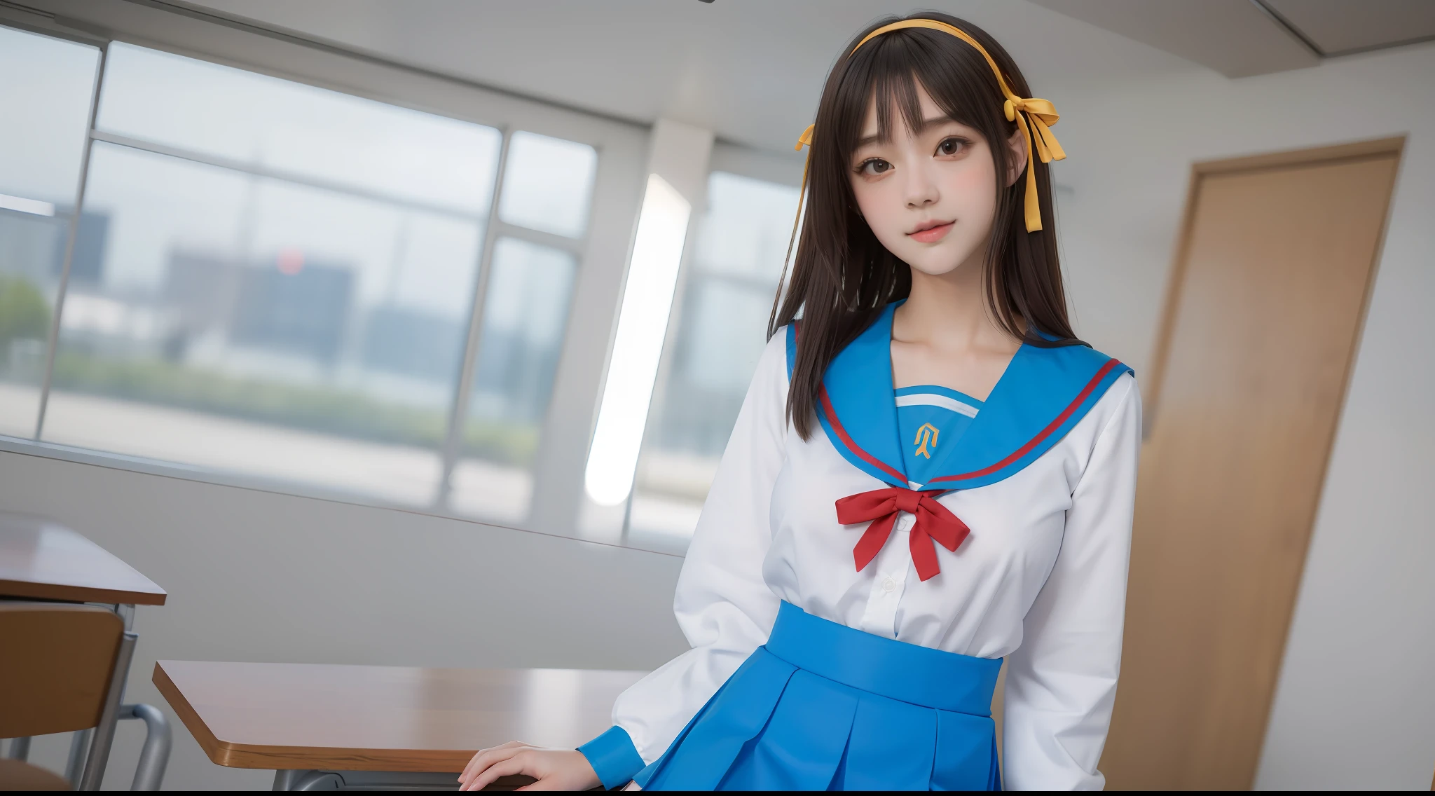 (masterpiece, top quality, best quality, beautiful and aesthetic), 1girl, solo, extremely detailed, highest detailed,8k photo, realistic, haruhi_srf, white long sleeves shirt and blue collar, micro mini skirt,blue skirt, red tie, yellow ribbon, cute girl, spread legs, show white panties,
looking at viewer, standing, little smile, huge breast, from below,class room,
