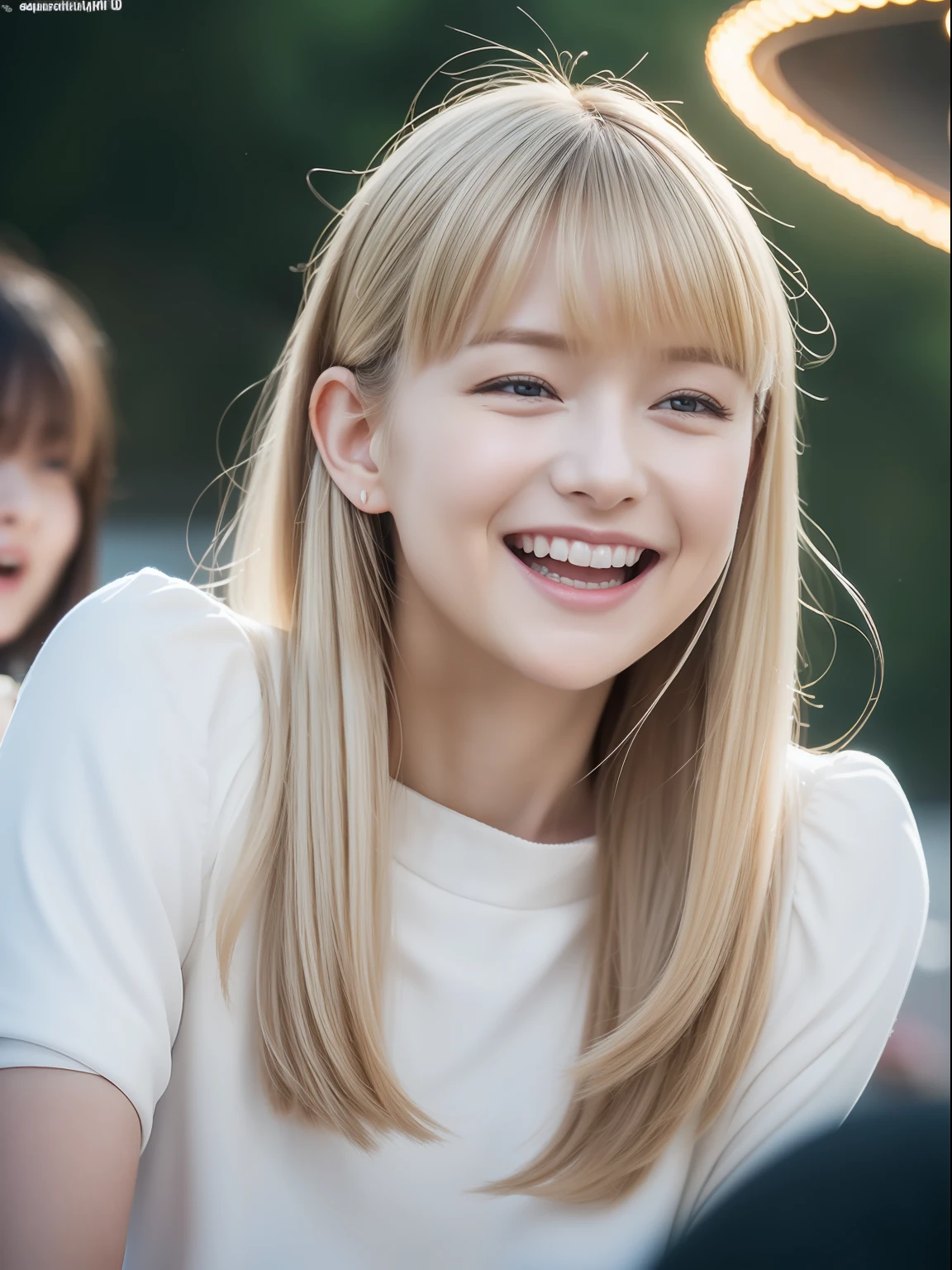masuter piece, best qualtiy, (realisitic, Photorealsitic:1.37), ((独奏)), 8K image quality, Extremely delicate and beautiful, splendid, Official art with attention to detail, Ridiculous, Unbelievably ridiculous, huge filesize, ultra-detailliert, ighly detailed, (Cute s), (detailed girl), extremely detailed eye and face, Beautiful detailed eyes, Light makeup, ((Perfect female figure)), Slim waist, (Nordic beauty), blonde hair, With bangs, ((fullllbody)), ((Put the head in the frame)), ((dressed casually, random)), An amusement park, ((Open your mouth, smiling with squinting eyes)),