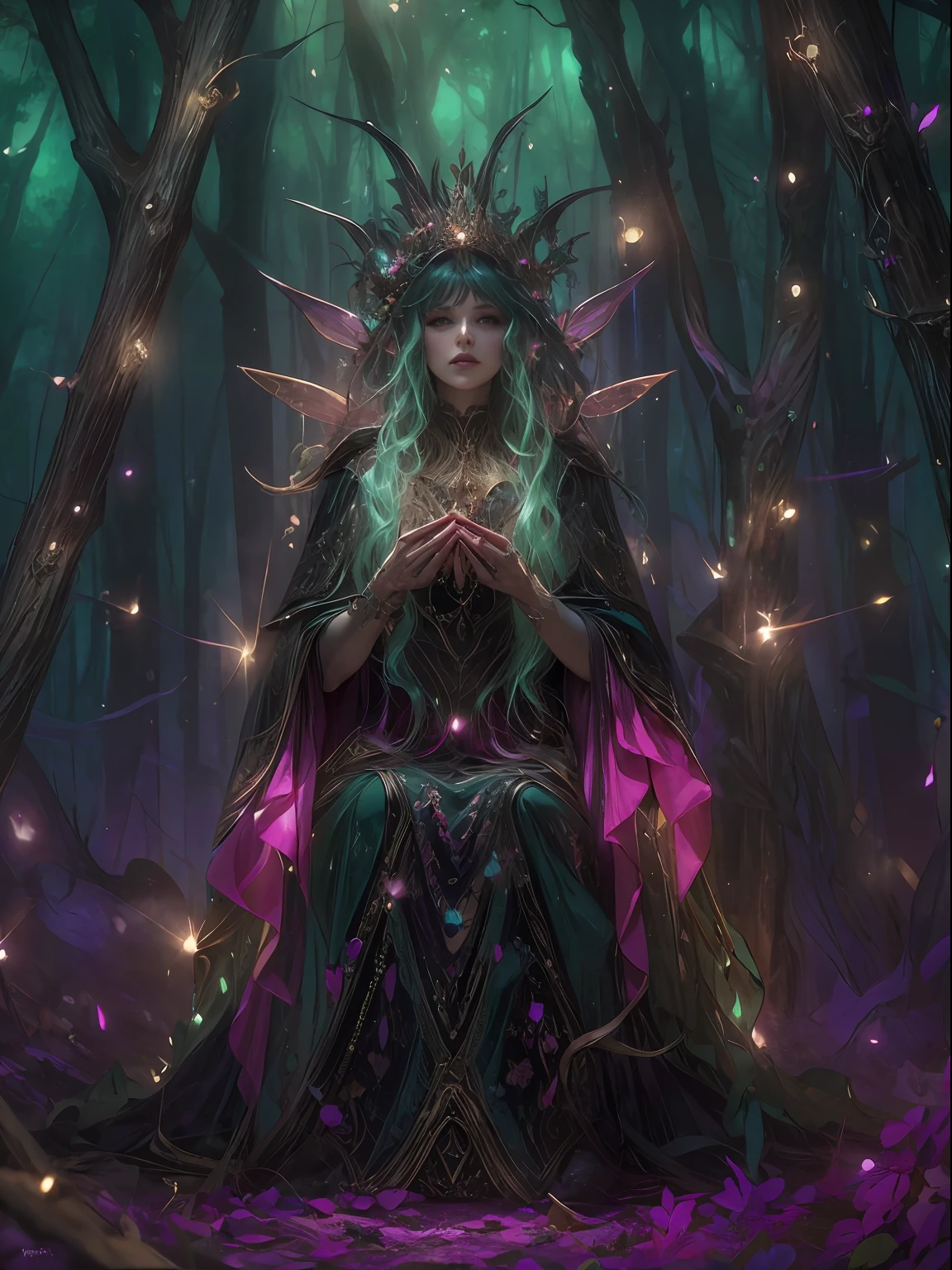 HighestQuali，tmasterpiece：1.2，Detailed details，Full body image of a beautiful forest witch in a decorative dress, Witch fashion, kneels on the ground，dynamicposes, fairy lights, Hyperrealistic, hyper-maximalist, insanely details, 4K