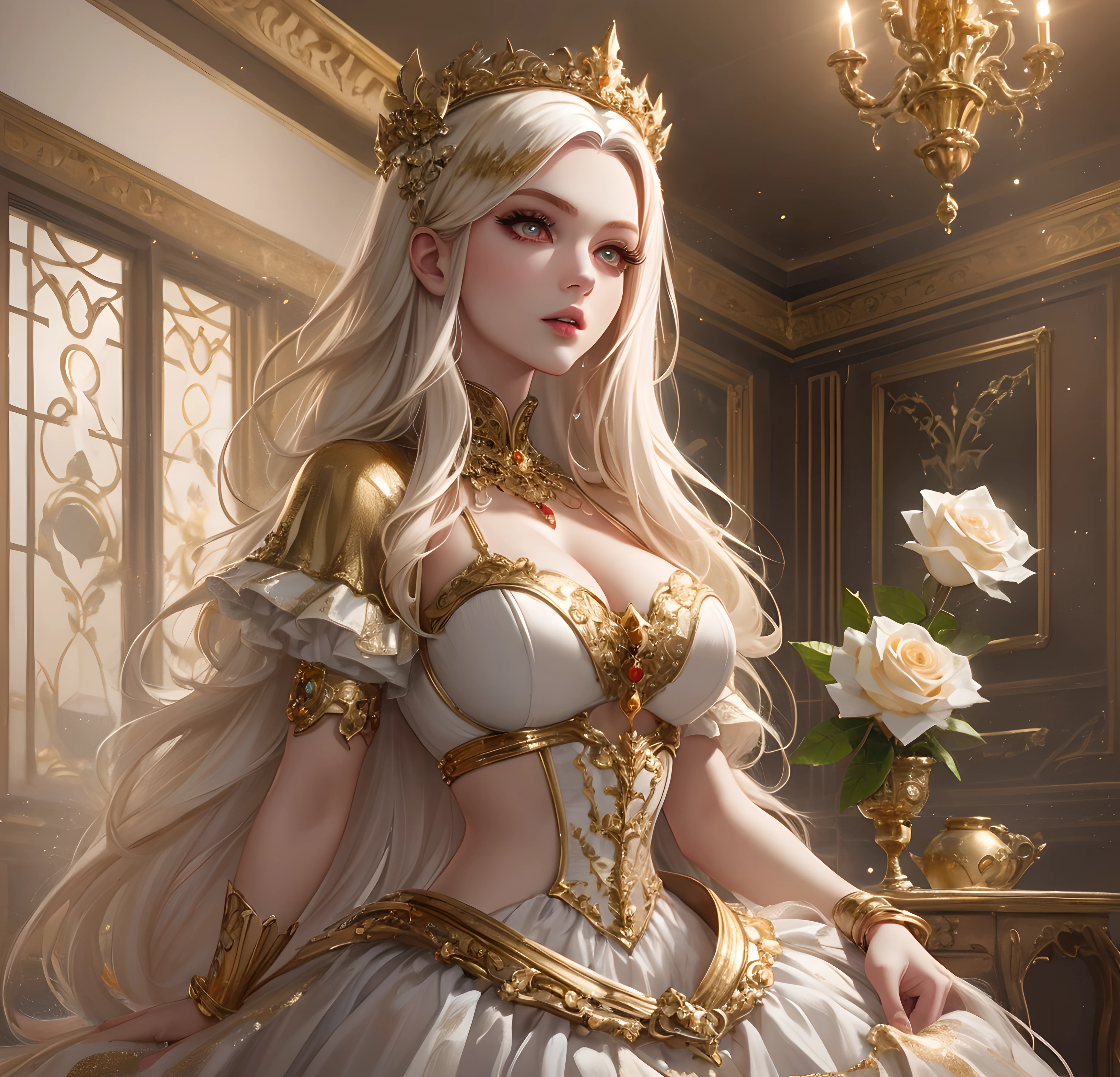 masterpiece, best quality, 8k, high resolution, 2D Digital art style, 1girl, solo, perfect composition, the rule of thirds, detailed modern styled victorian dress, cleavage, original character artwork, solo focus, (vampire Princess), queen mentality, extremely long voluminous white hair, thin waist, wide hips, beautiful red detailed eyes, Rococo style room background, roses and cherries, light particles, red,gold tetradic colors, volumetric lighting, dramatic lighting, indoors, (white, gold, red gradient:1.5), realistic, ultra-detailed, volumetric lighting, intricate details