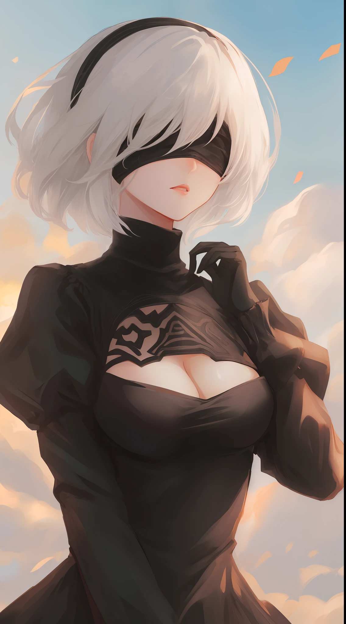 yorha no. 2 type b, 1girl, wlop, (blindfold), breasts, cleavage, cleavage cutout, clothing cutout, green background, hair between eyes, hairband, highres, juliet sleeves, long sleeves, nier (series), nier automata, puffy sleeves, red lips, shaded face, short hair, solo, turtleneck, upper body, white hair, sky